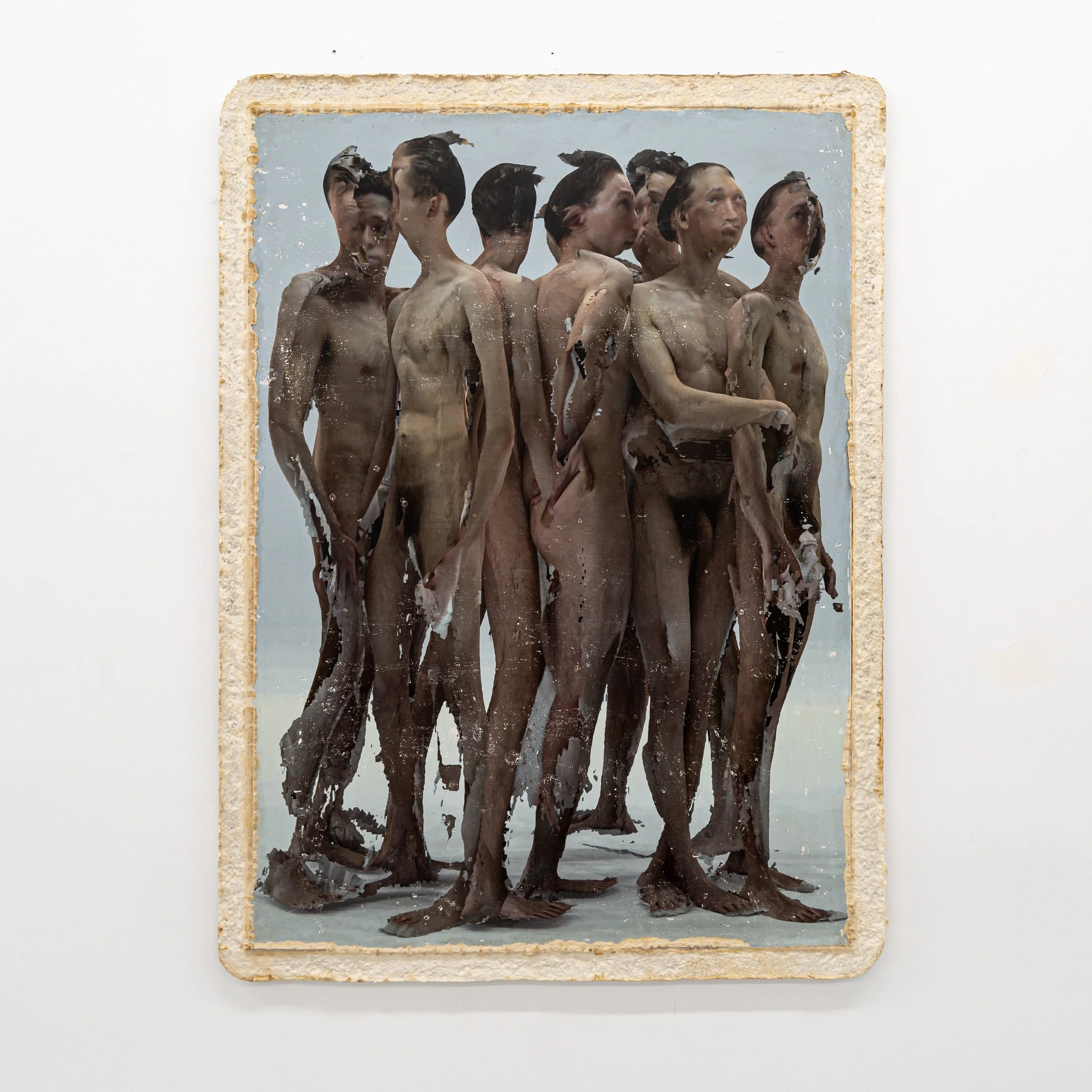   Seven Figures (To anyone reading this. May this moment be soft, and may the quiet stay with you for a while.)   2025  Acrylic, pigment, plaster, and mycelium on panel  65 x 48 in.   