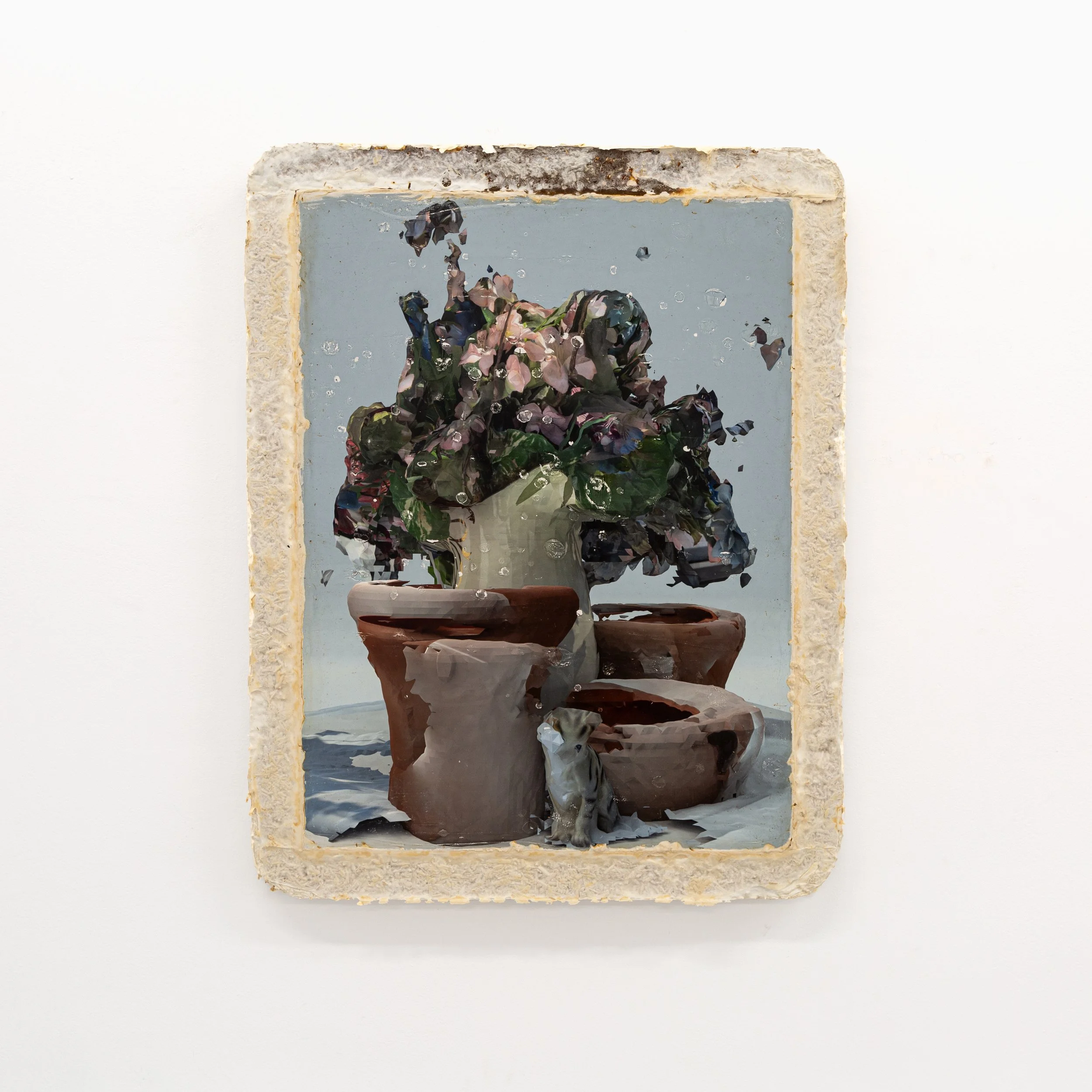   Still Life (The sound of splintering wood)   2025  Acrylic, pigment, plaster, and mycelium on panel  27.75 x 21.75 in.    