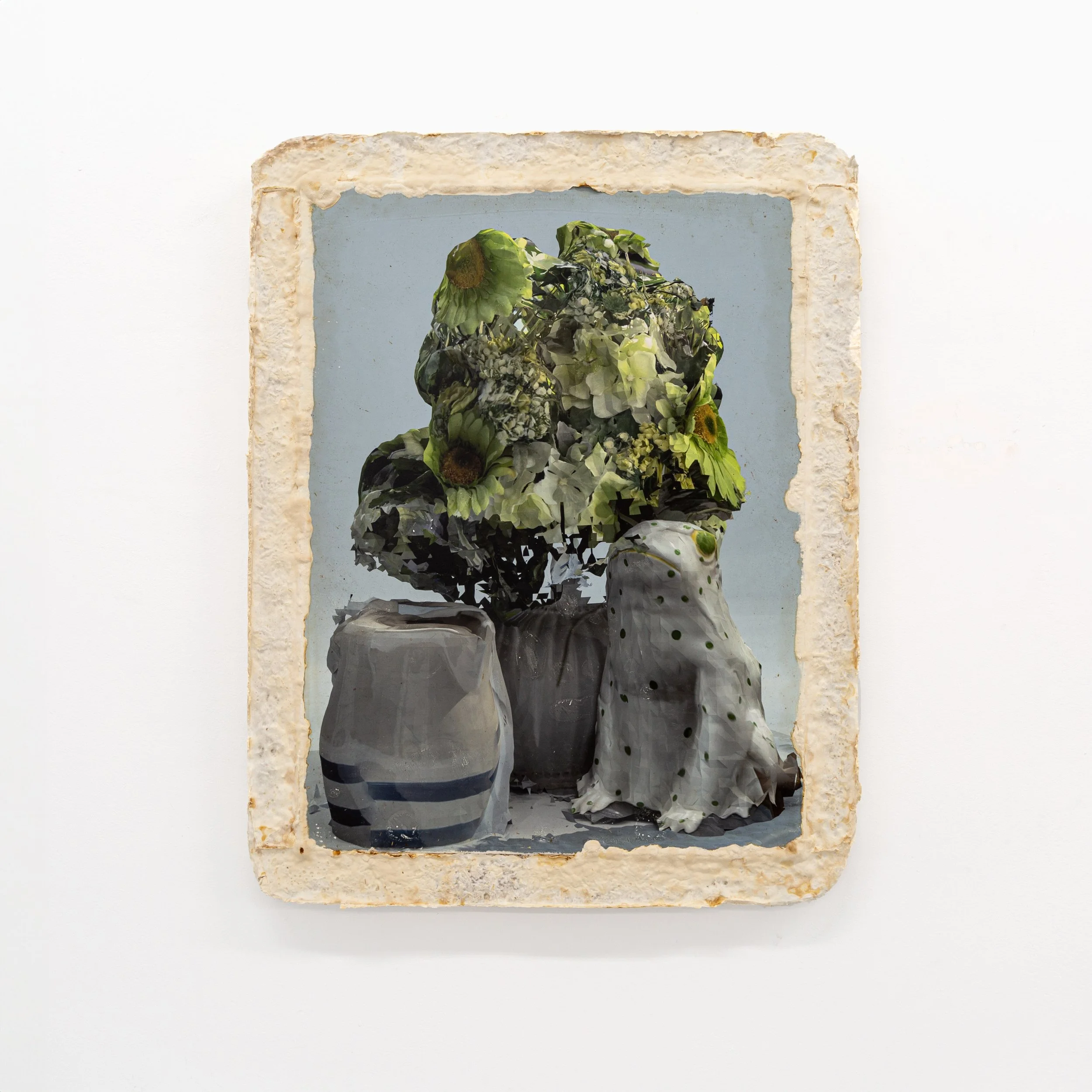  Still Life (The taste of old liquorice)   2025  Acrylic, pigment, plaster, and mycelium on panel  27.75 x 21.75 in.    
