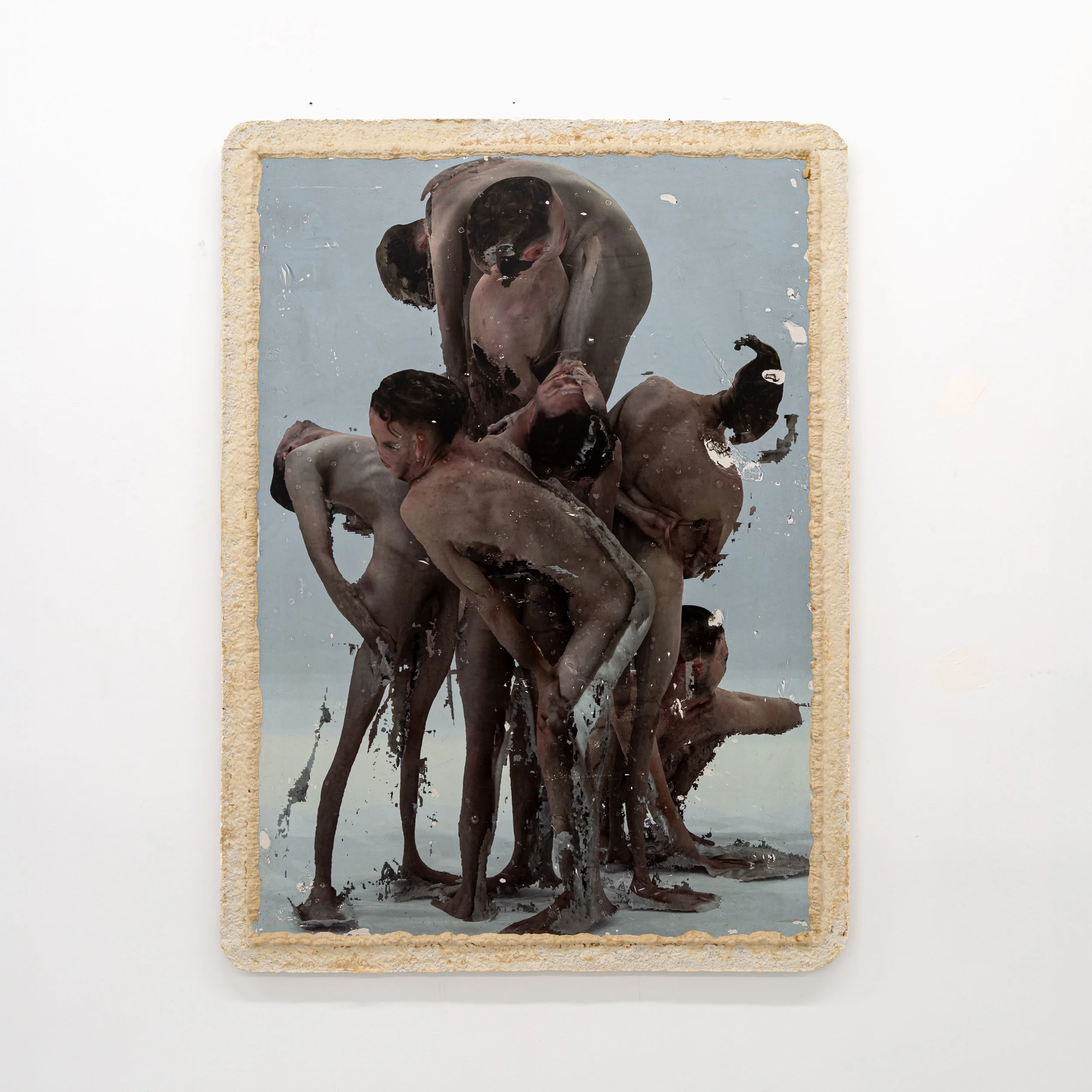   Seven Figures (To anyone reading this, let's overcome this together,  i am rooting for you and don't forget to be proud of you)   2025  Acrylic, pigment, plaster, and mycelium on panel  65 x 48 in.   