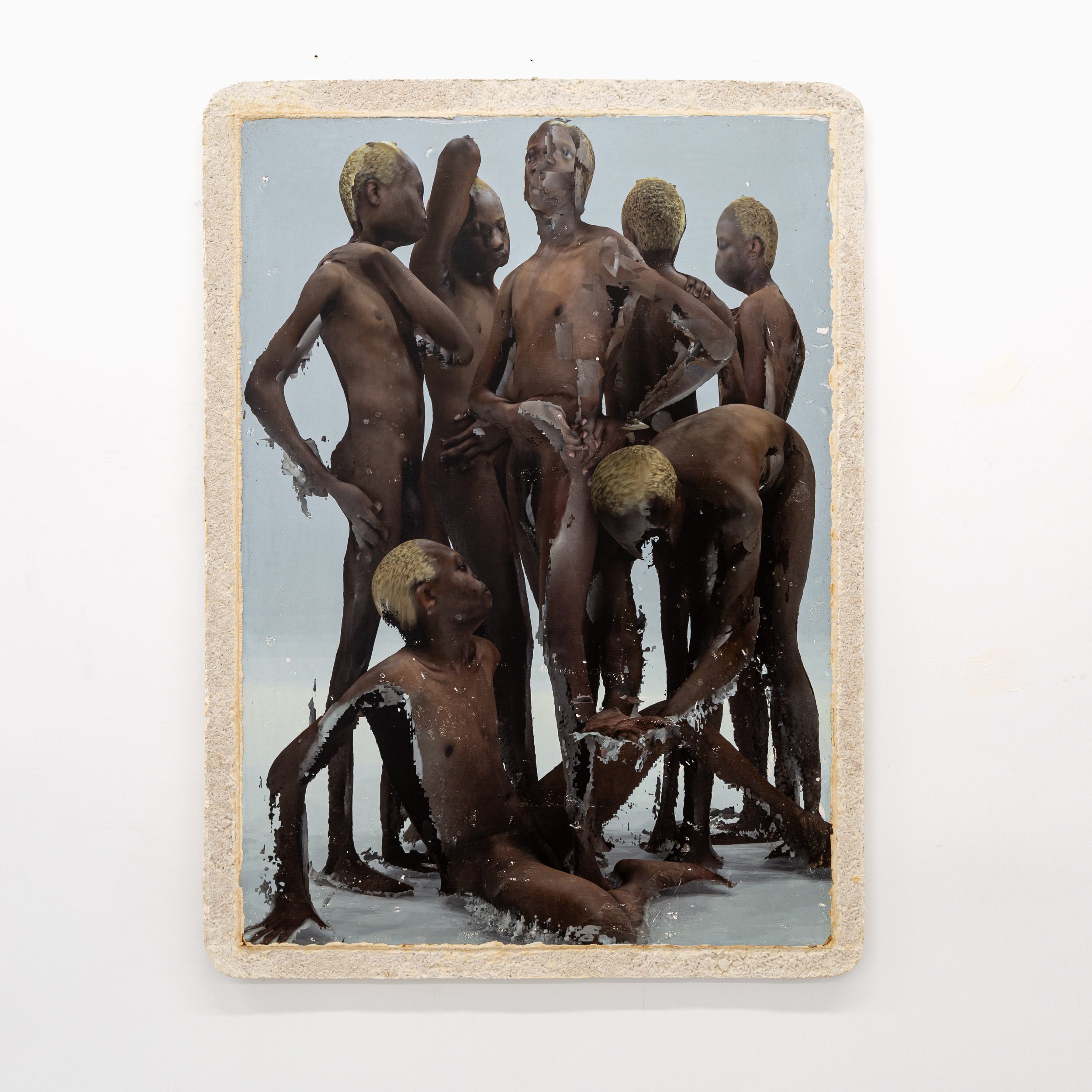   Seven Figures( Even if our paths never cross, I want you to know that I’m wishing you strength in hard times, joy in the little things, and luck in every step you take.)   2025  Acrylic, pigment, plaster, and mycelium on panel  65 x 48 in.   