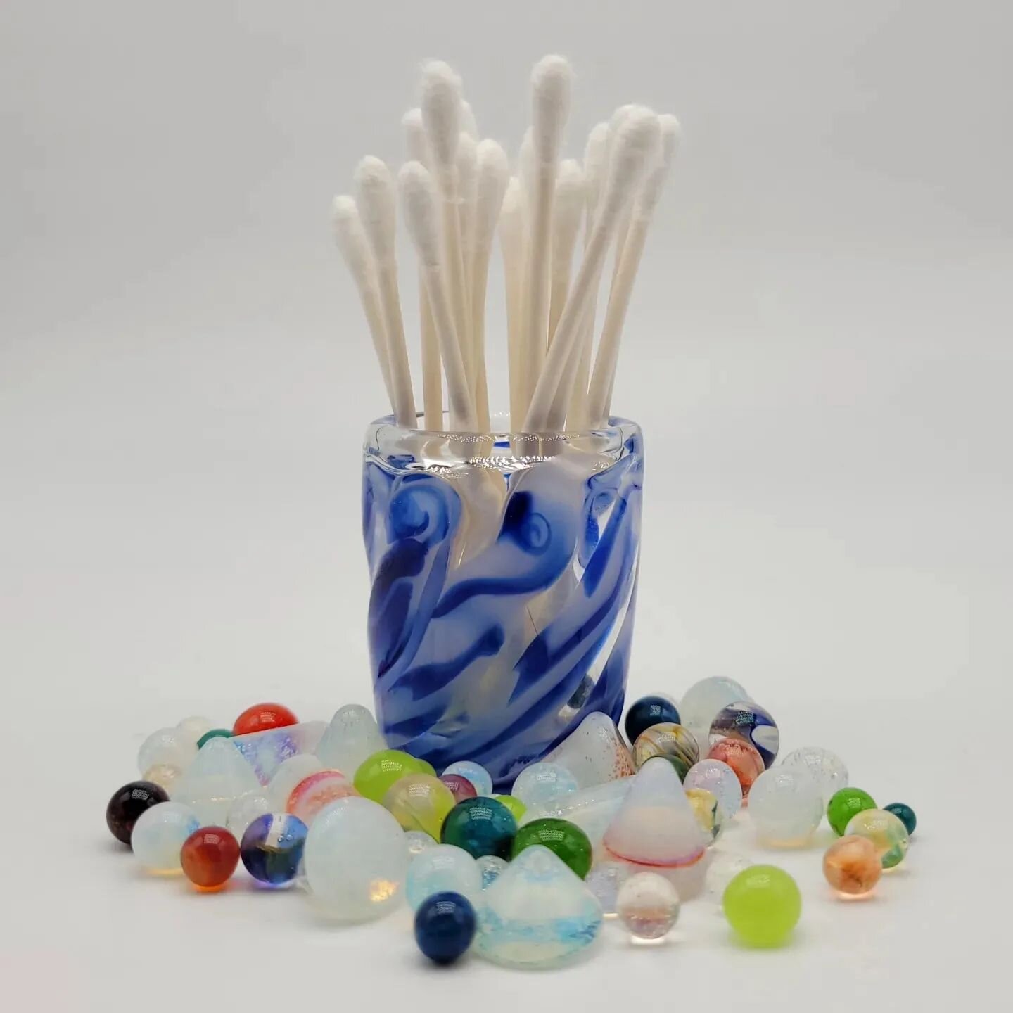*Sold* - Hi Friends 👋 Todays featured Blue Swirly Jar/Small Shot Glass is made from clear borosilicate glass mixed with a blue and white cane.

No cork/pearls/beads/marbles included. Stickers and next day shipping always included!

🙃 Thanks for loo