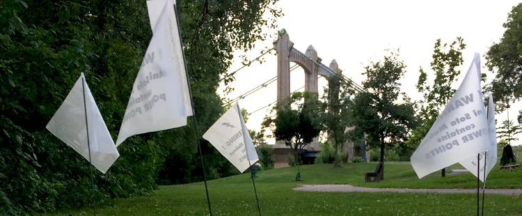 Power Point warning flags in situ, I-35W Saint Anthony Falls Bridge, 2015 Photo and installation: Kate Goyette