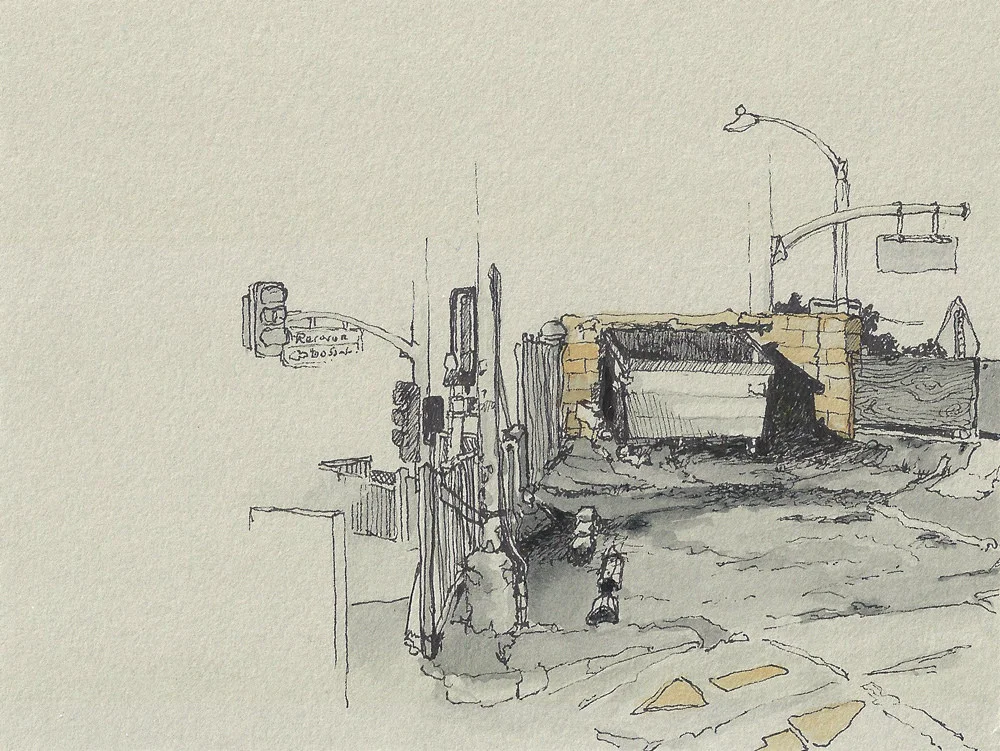 7.40PM Wednesday 24 May 2017 (plein air) ink pen &amp; gouache drawing on museum baord