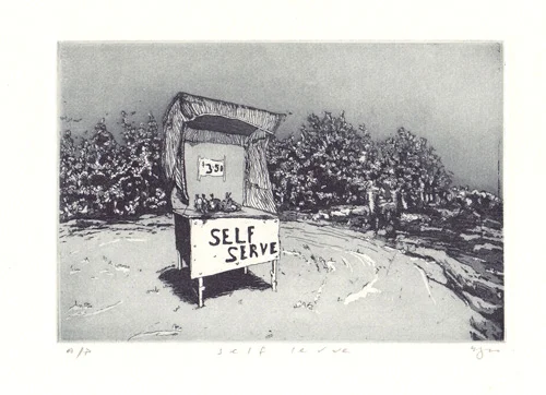 Self Serve 2011Etching and aquatint on Hahnemuehle, edition 10,&nbsp;260 x 240mm.&nbsp;Printed by Antonia Aitken at The Art Vault&nbsp;