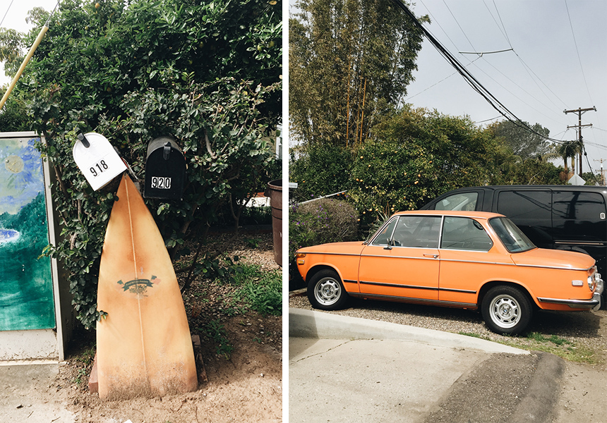 A really wanted me to take a photo of this sweet car and I just liked the surfboard mailbox.