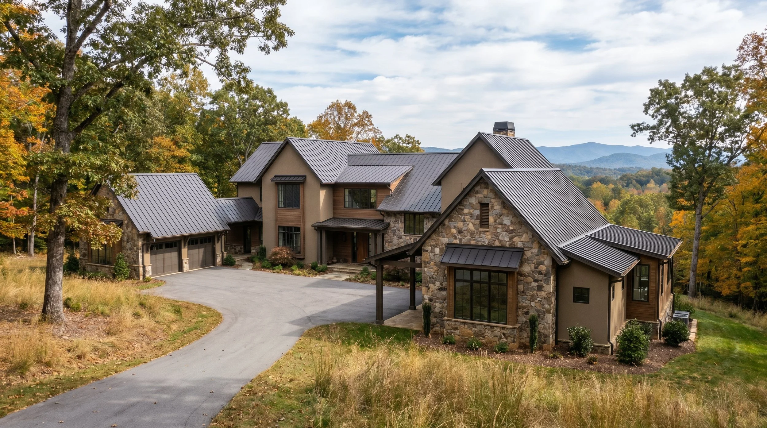 Rendering of the new American home with stucco and stone veneer, metal roofing, and natural pine cladding accents. Available for custom design and build in North Carolina.