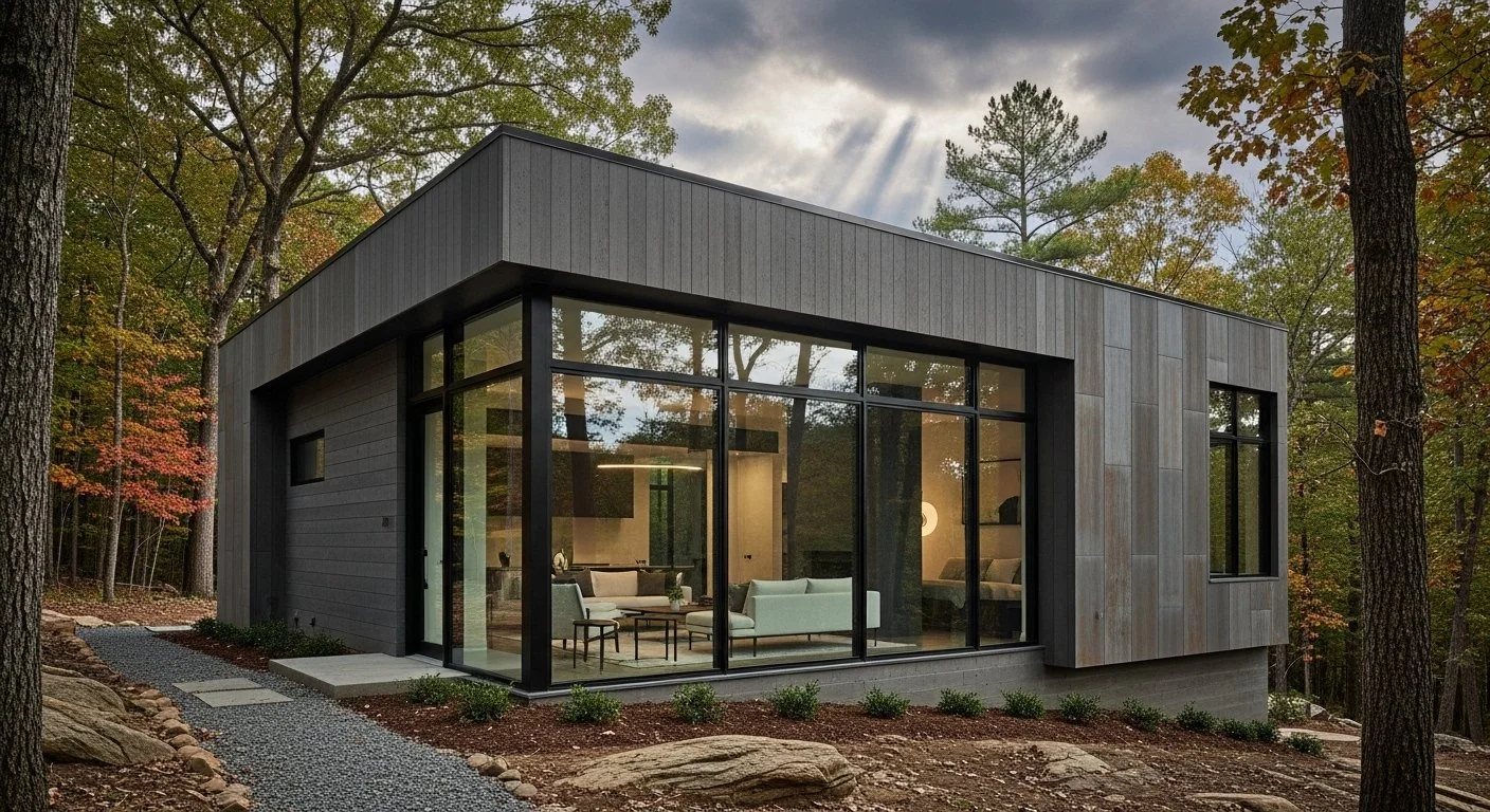 Modern house with large glass windows surrounded by trees in autumn.