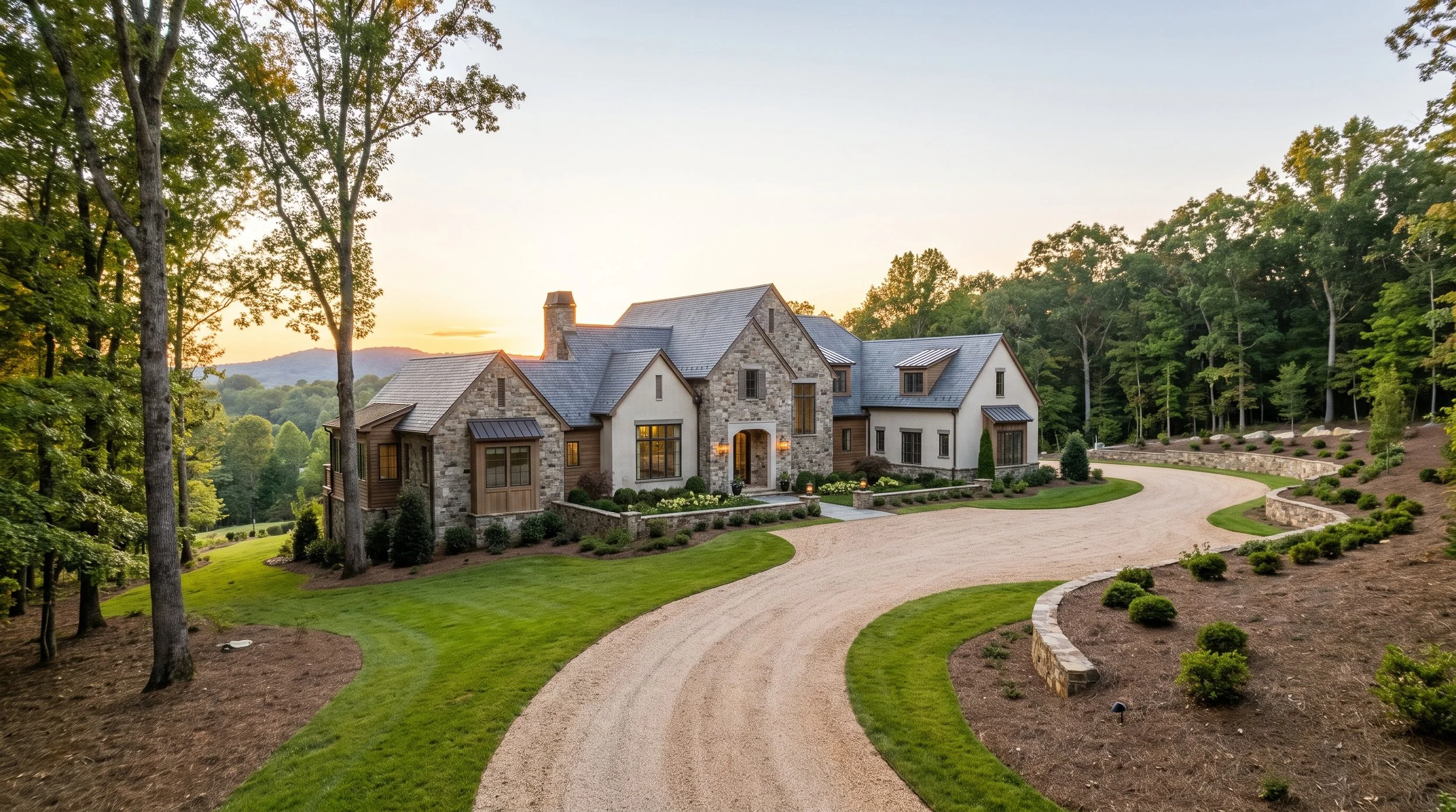 Rendering of a luxury estate home set in the Piedmont Triad and Foothills regions of North Carolina. Available for design and build on your lot or land in Lewisville, Clemmons, Winston-Salem, Advance, Davie or Forsyth County.