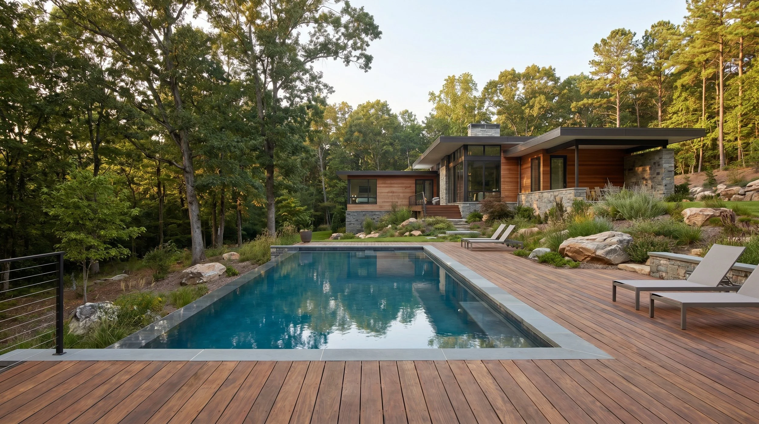 Rendering of a modern home with an infinity edge pool set in the Piedmont Triad area of North Carolina.