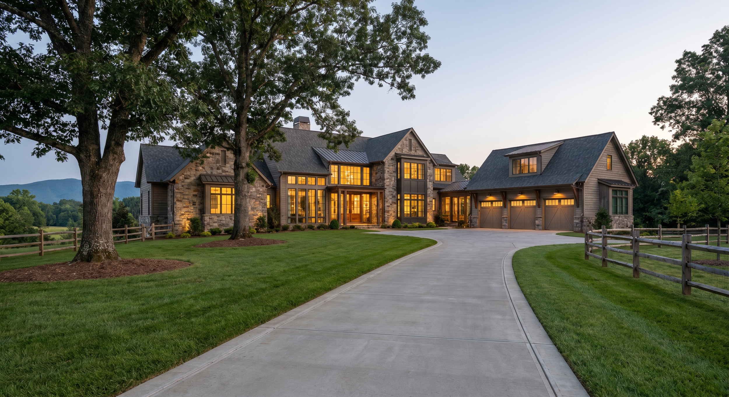 Rendering of a large luxury American home set in the Piedmont Triad and Foothills region of North Carolina. 