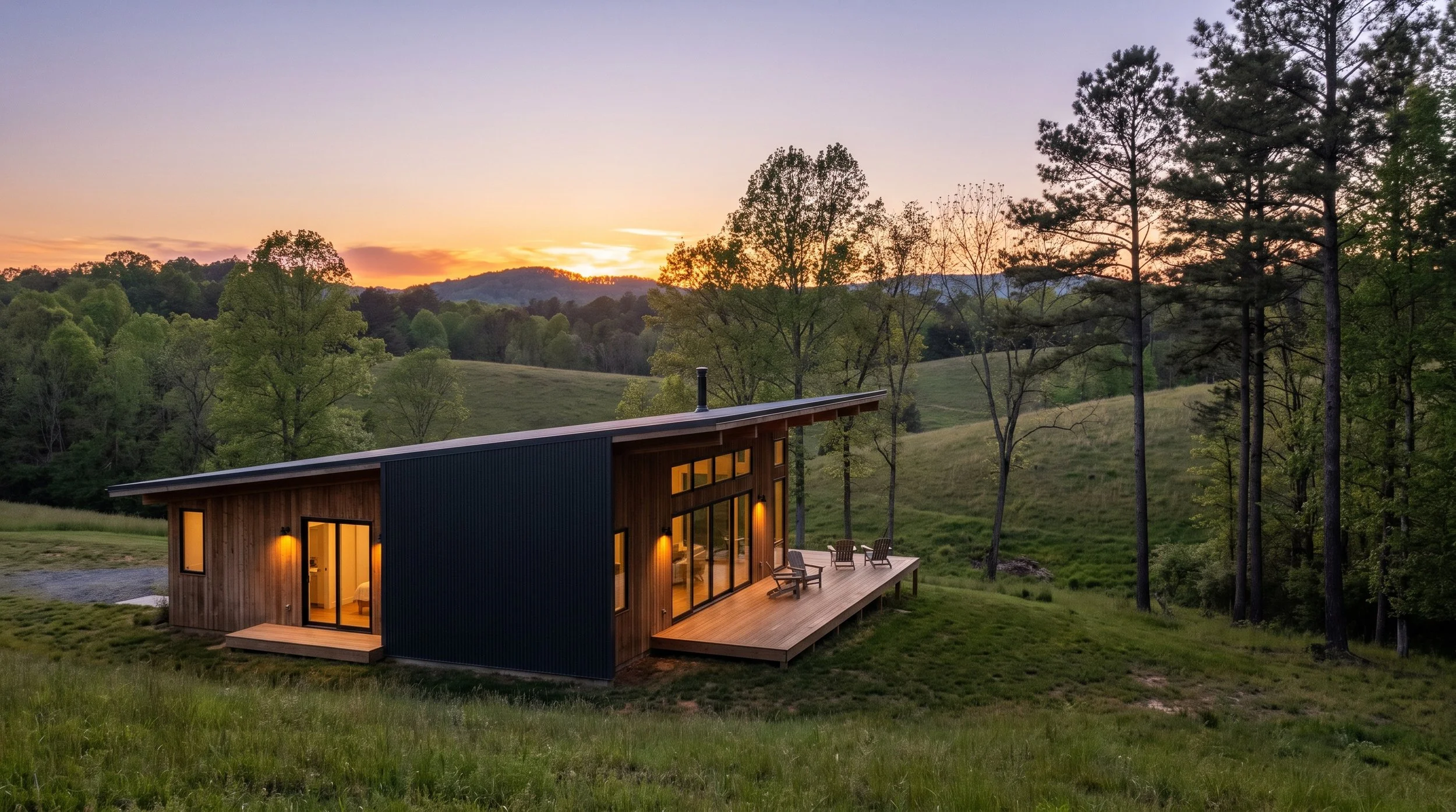 Rendering of a modern cabin set int he Piedmont region of North Carolina