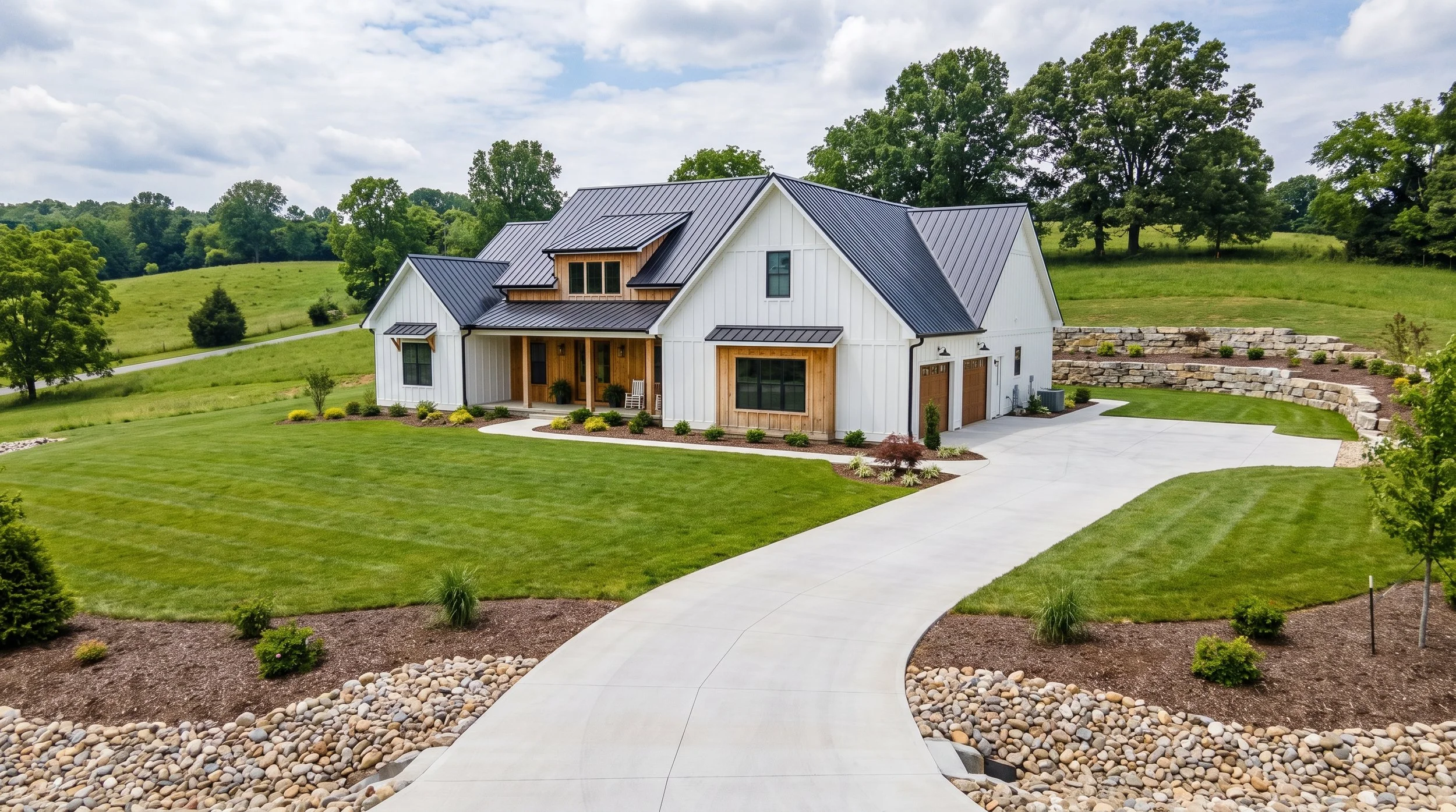 Rendering of a modern farmhouse set in the Piedmont Triad of North Carolina. Home features standing seam metal roofing, white board and batten siding and natural wood accents. Lewisville, Pfafftown, Advance, Winston-Salem.