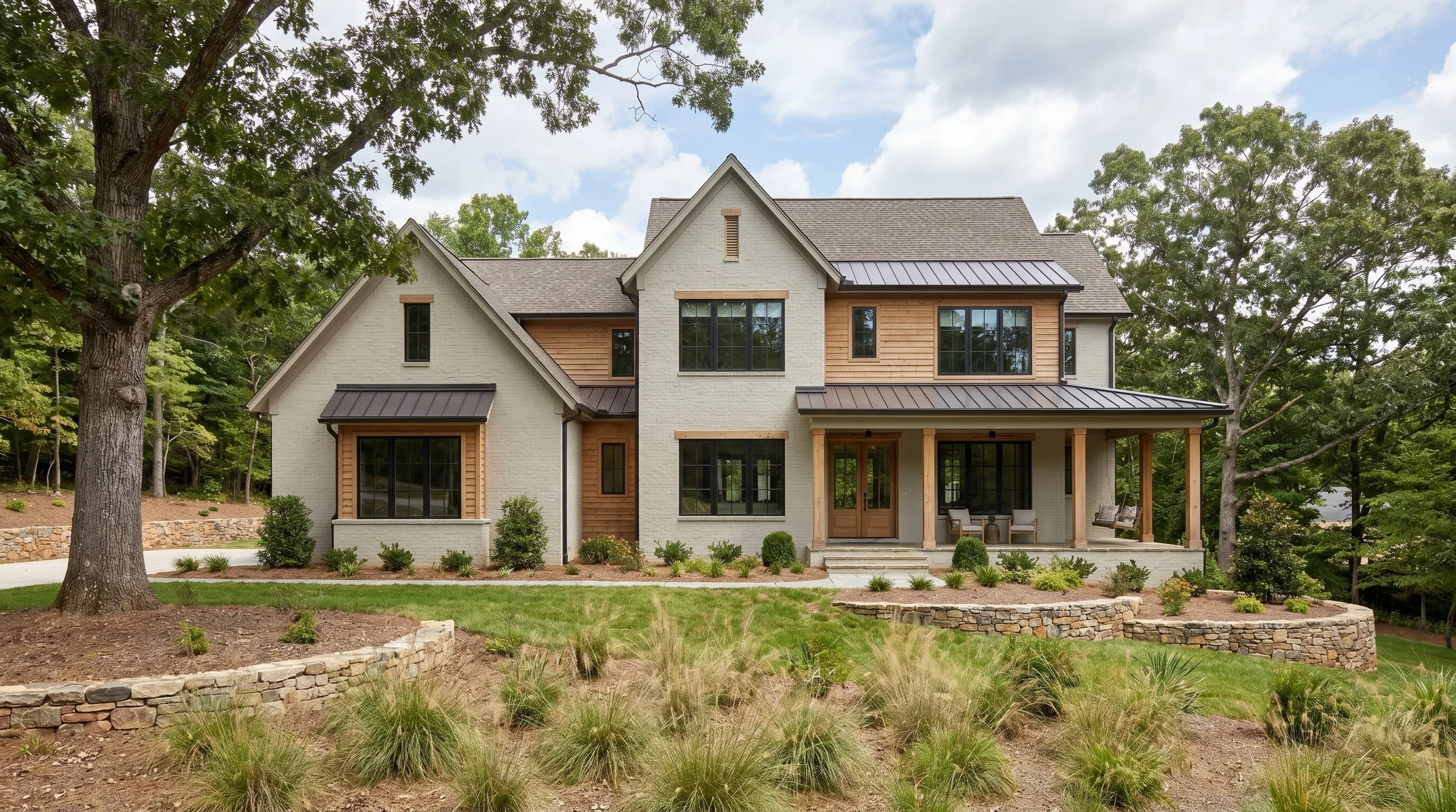 Rendering of the new American home with painted brick, metal roofing accents, covered front porch and natural wood siding accents. Available for custom design and build in North Carolina.