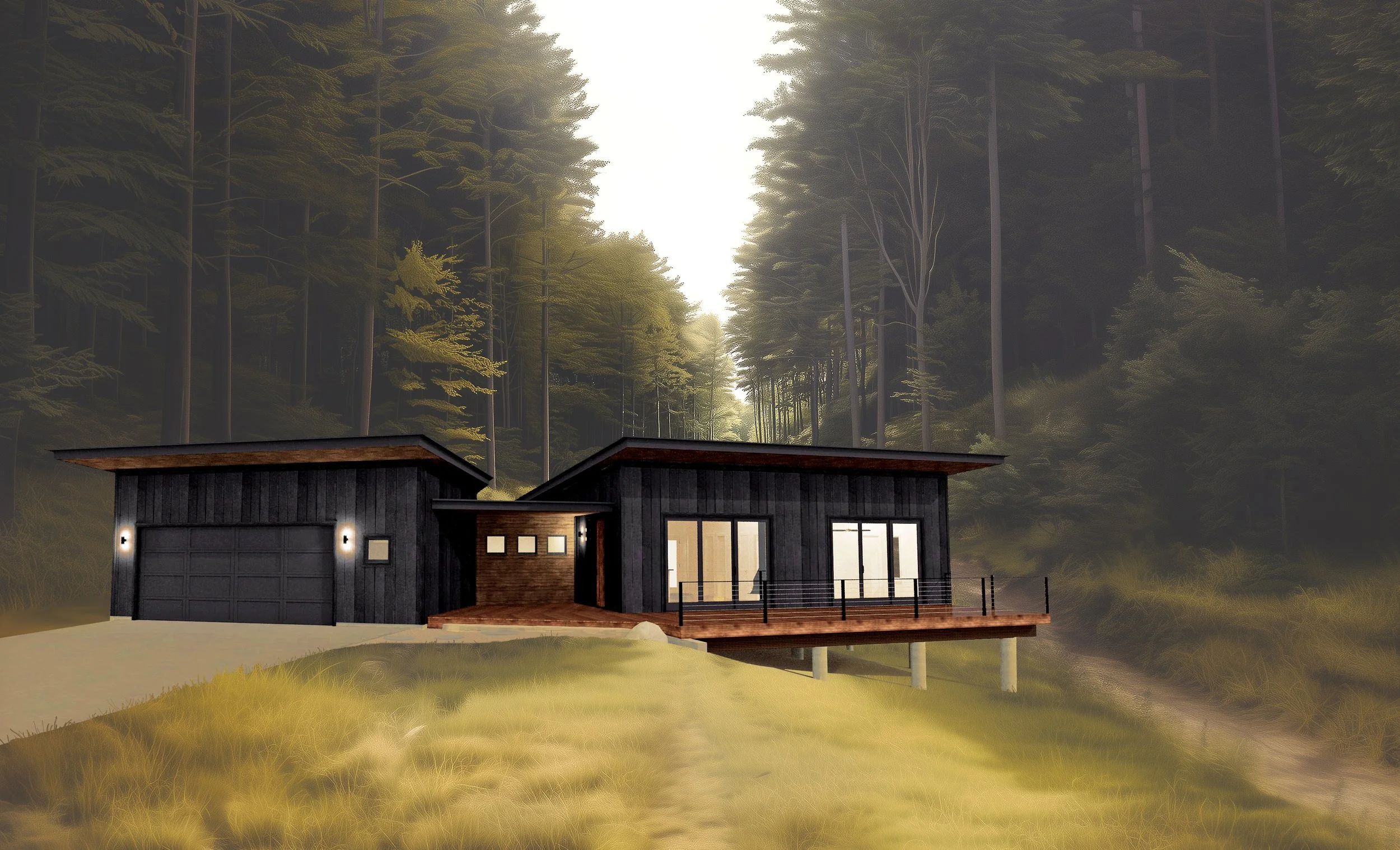 Modern house with black exterior walls and a wooden deck, surrounded by tall forest trees, with sunlight filtering through the trees.