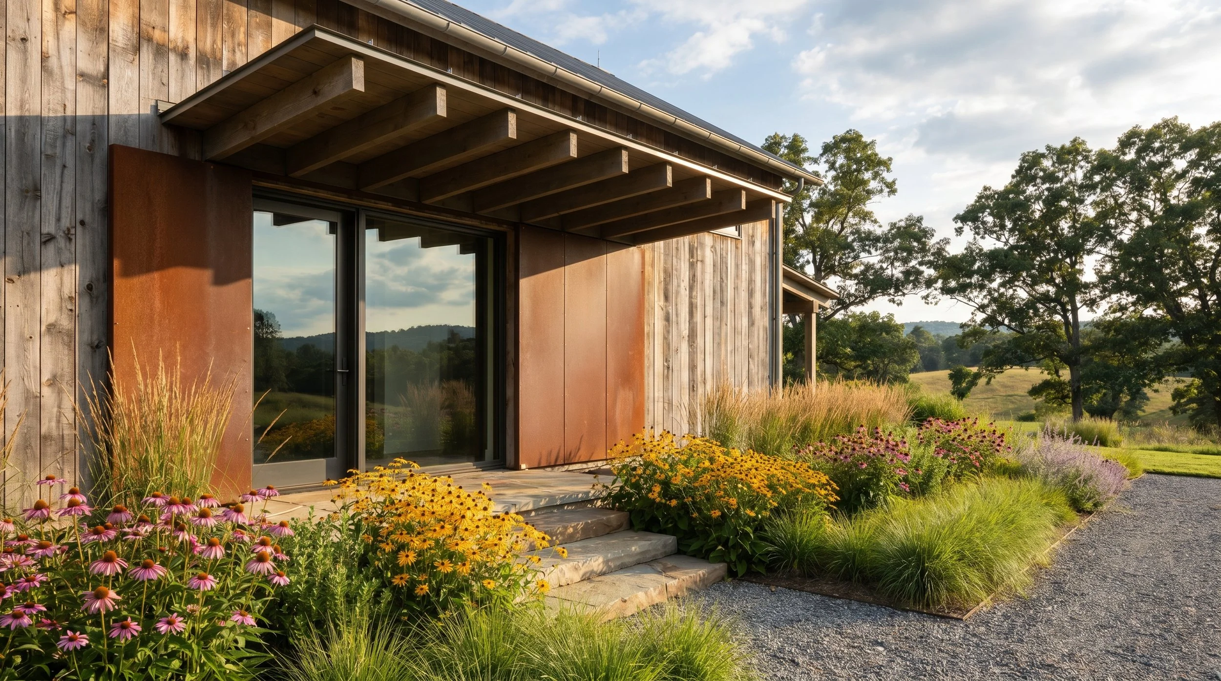 Rendering of a modern barn house entry.