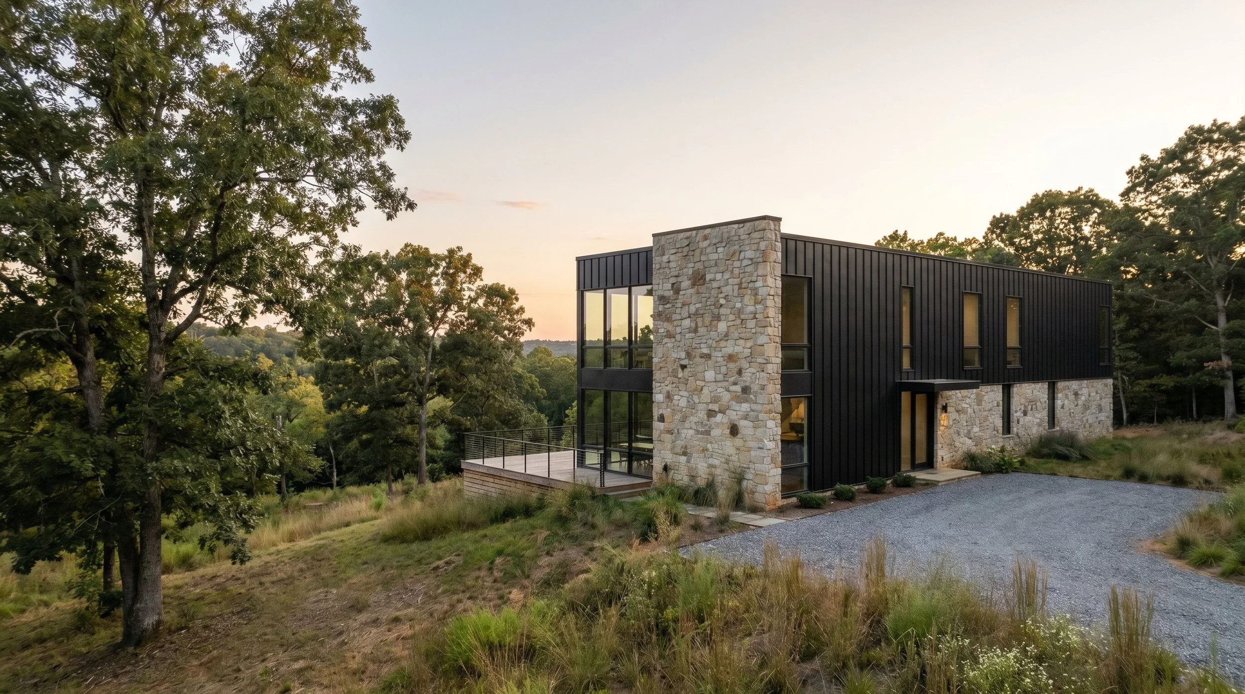 Rendering of a modern home with stone veneer and black siding set in the piedmont triad region of North Carolina