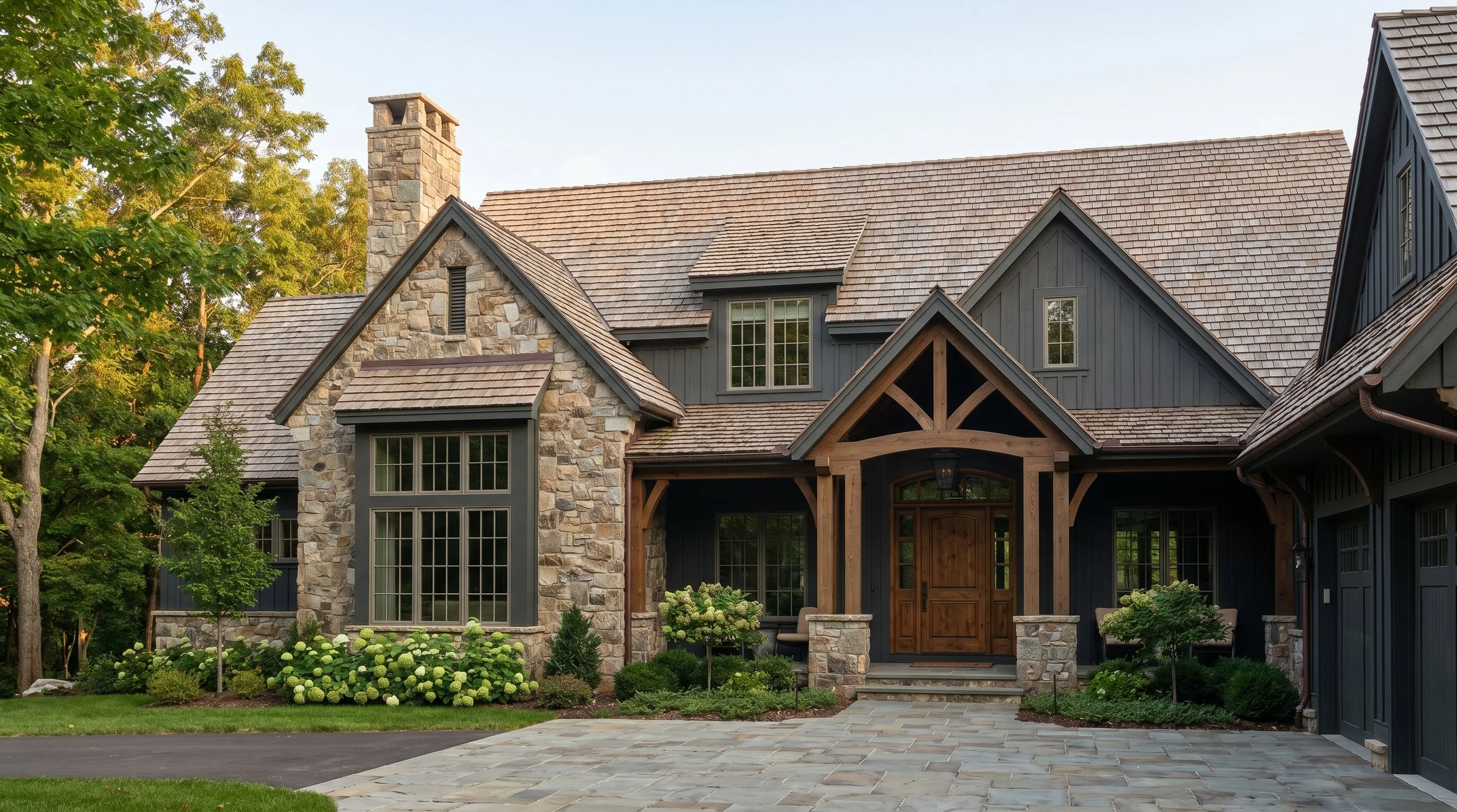 Rendering of the new American home with wood shake roof, covered front porch, stone and dark board and batten siding. Available for custom design and build in North Carolina.