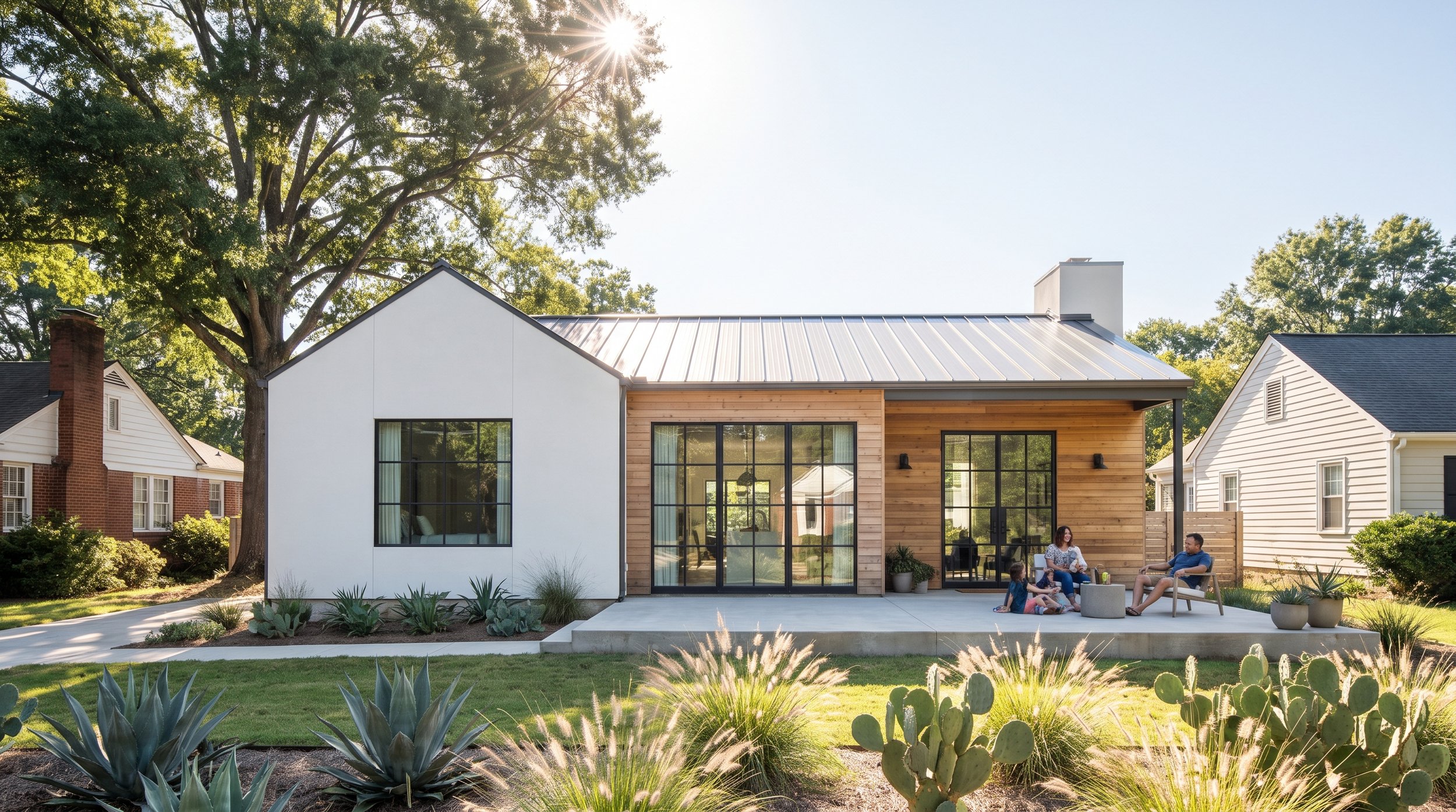 Rendering of a modern farmhouse inspired home renovation in Winston-Salem, North Carolina. Home features all aluminum windows and doors, stucco and natural pine siding, with a grey standing seam metal roof.