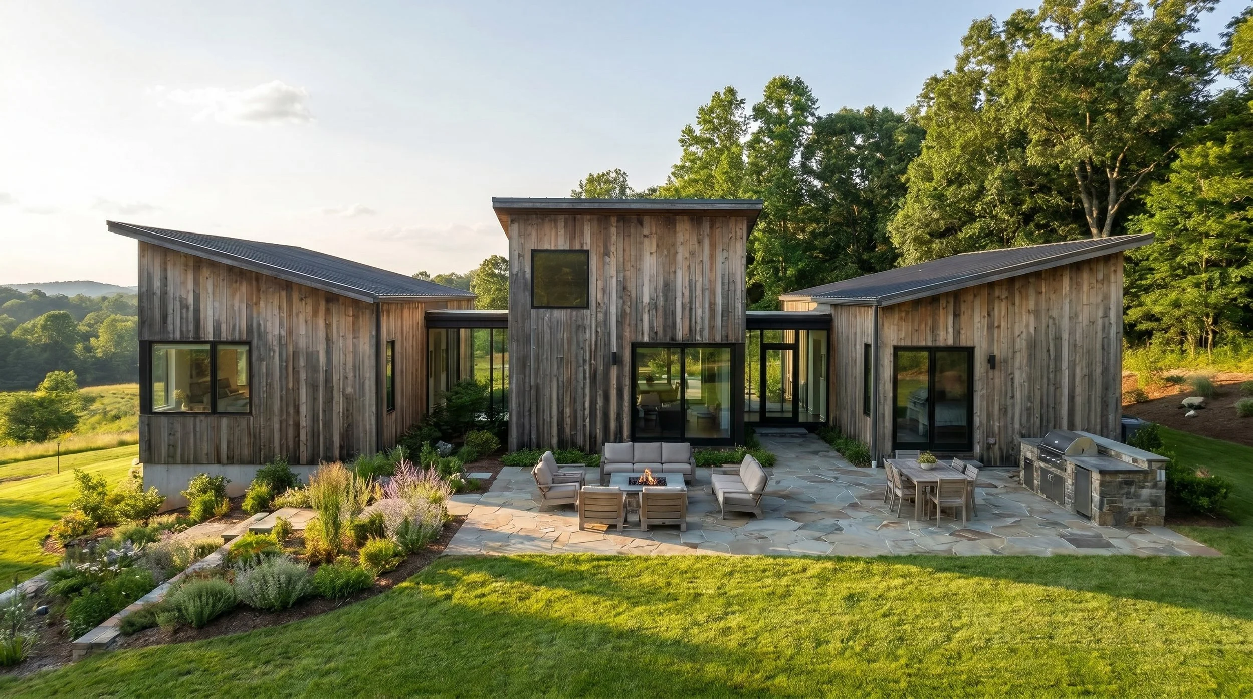 Rendering of a rustic modern home consisting of three shed structures linked by glass breezeways. Home has natural vertical wood siding and metal roofing. Set in the piedmont triad area of North Carolina.