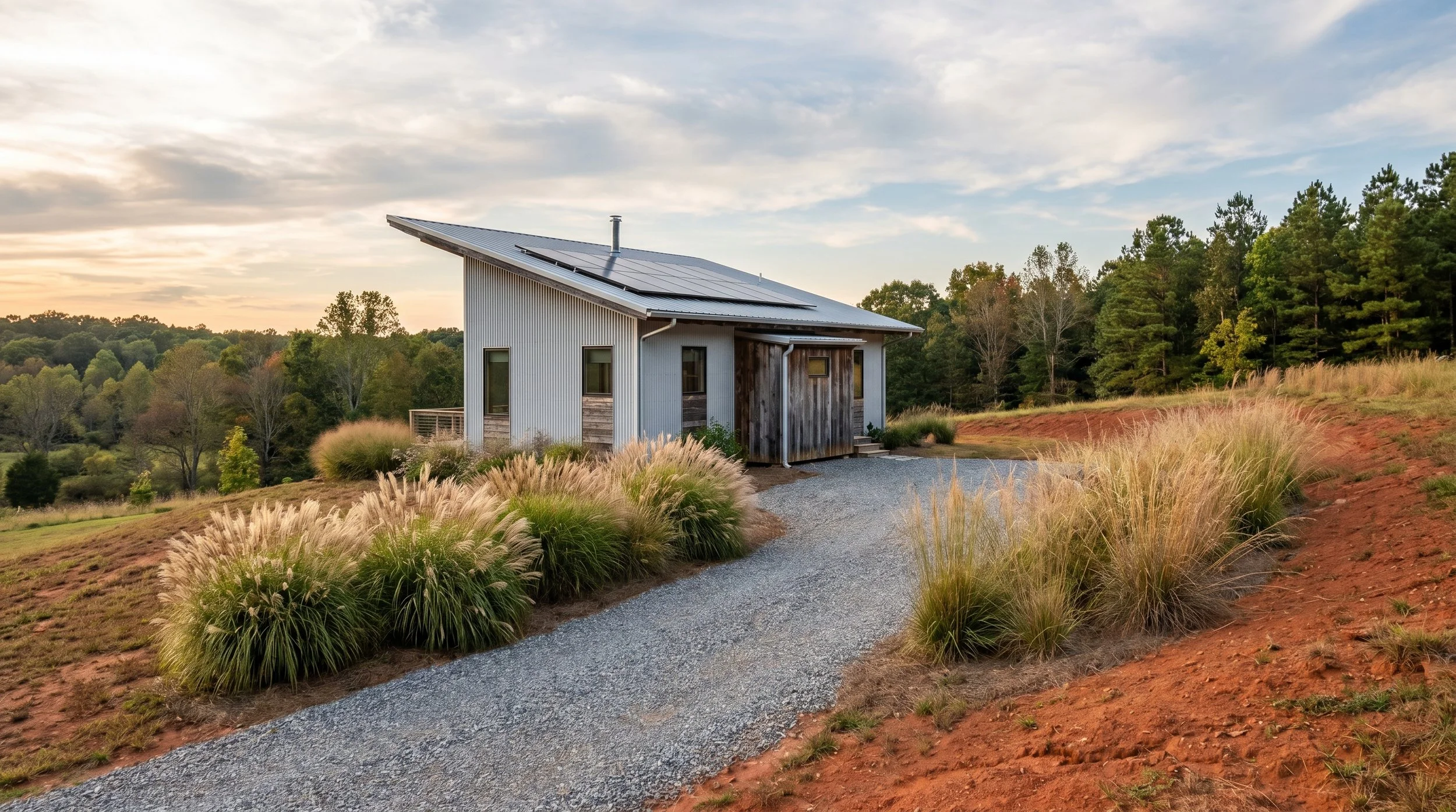 Rendering of a small off grid home with solar panels set near Winston-Salem, Lewisville, Clemmons, or Mocksville, North Carolina.