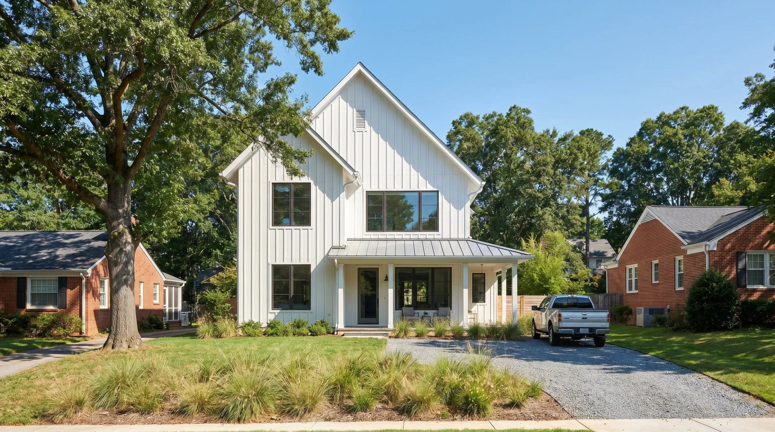 Rendering of a modern farmhouse home for an infill lot in the city limits of Winston-Salem, NC.