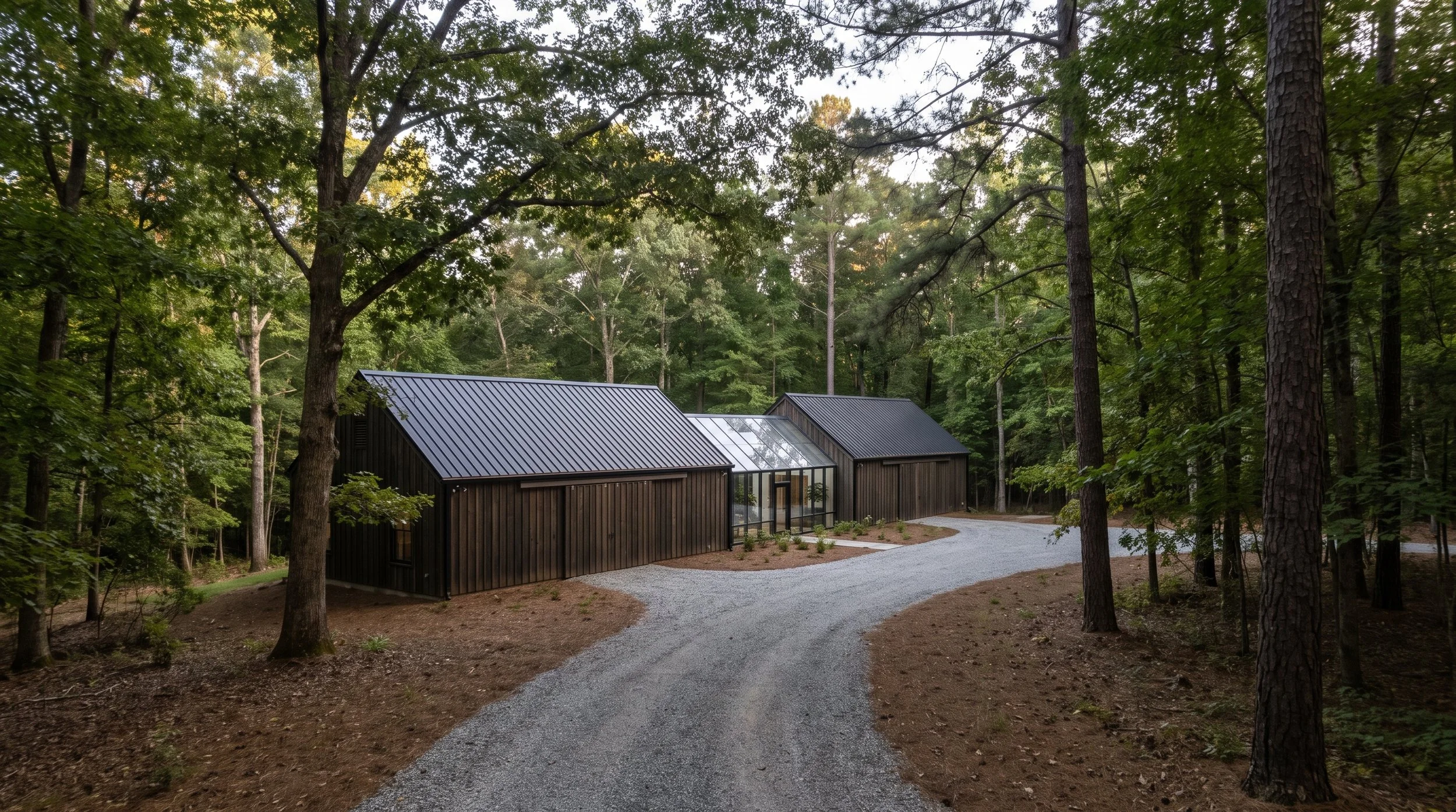 Rendering of a Nordic style barn with greenhouse set in Lewisville or Winston-Salem, and the Piedmont region of North Carolina.