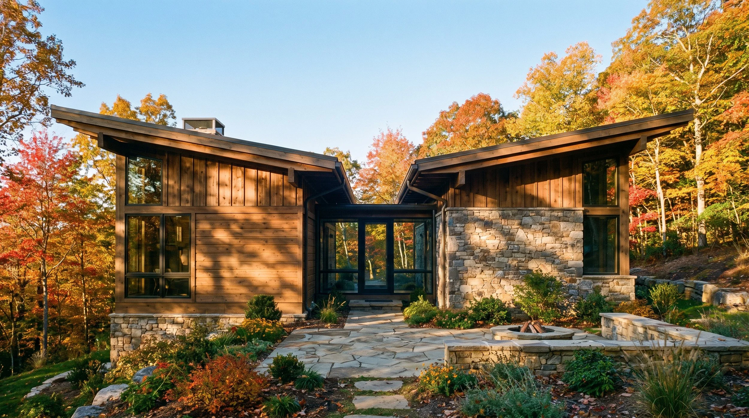 Rendering of a modern mountain cabin with butterfly roof set in the foothills or Piedmont region of North Carolina.