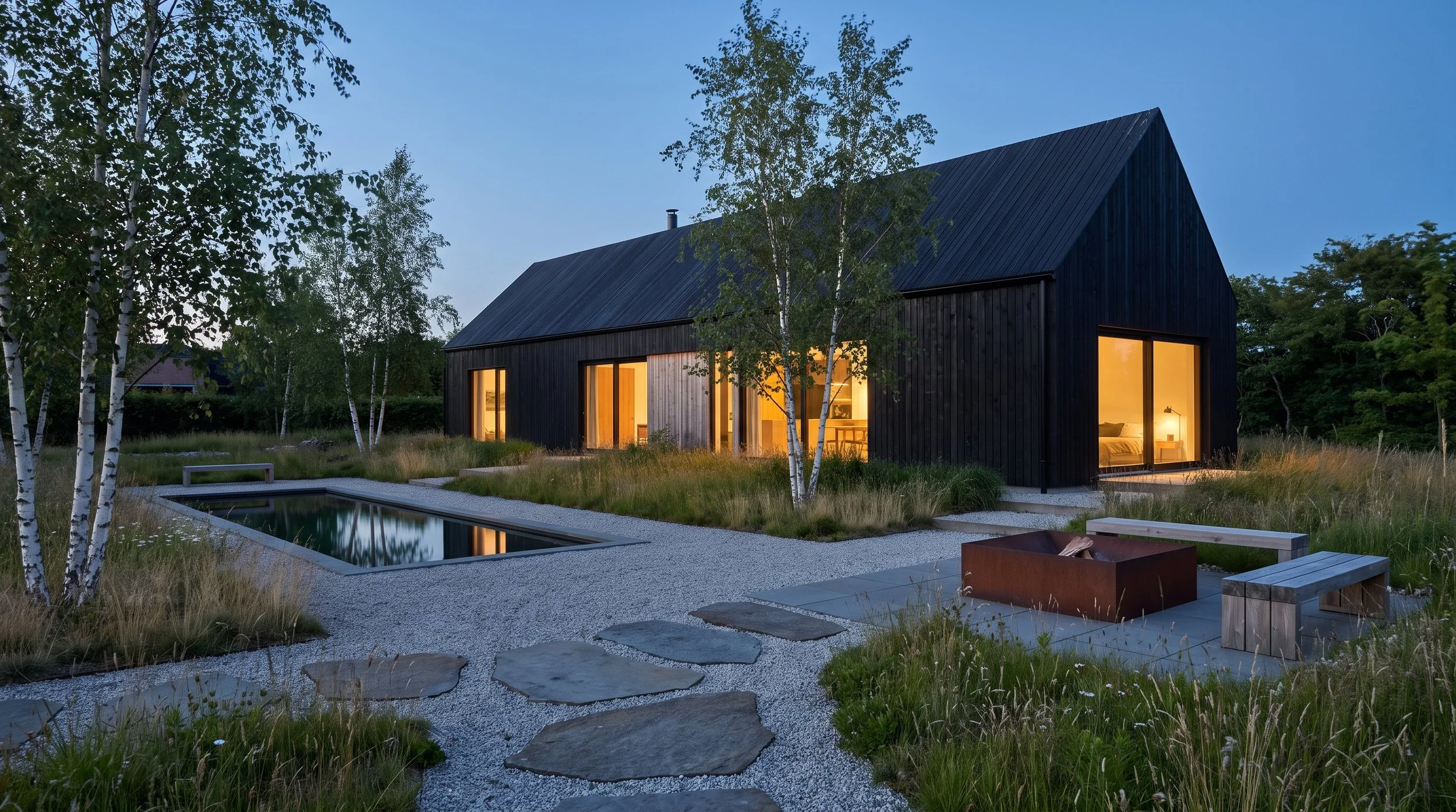 Rendering of a Nordic style barn house