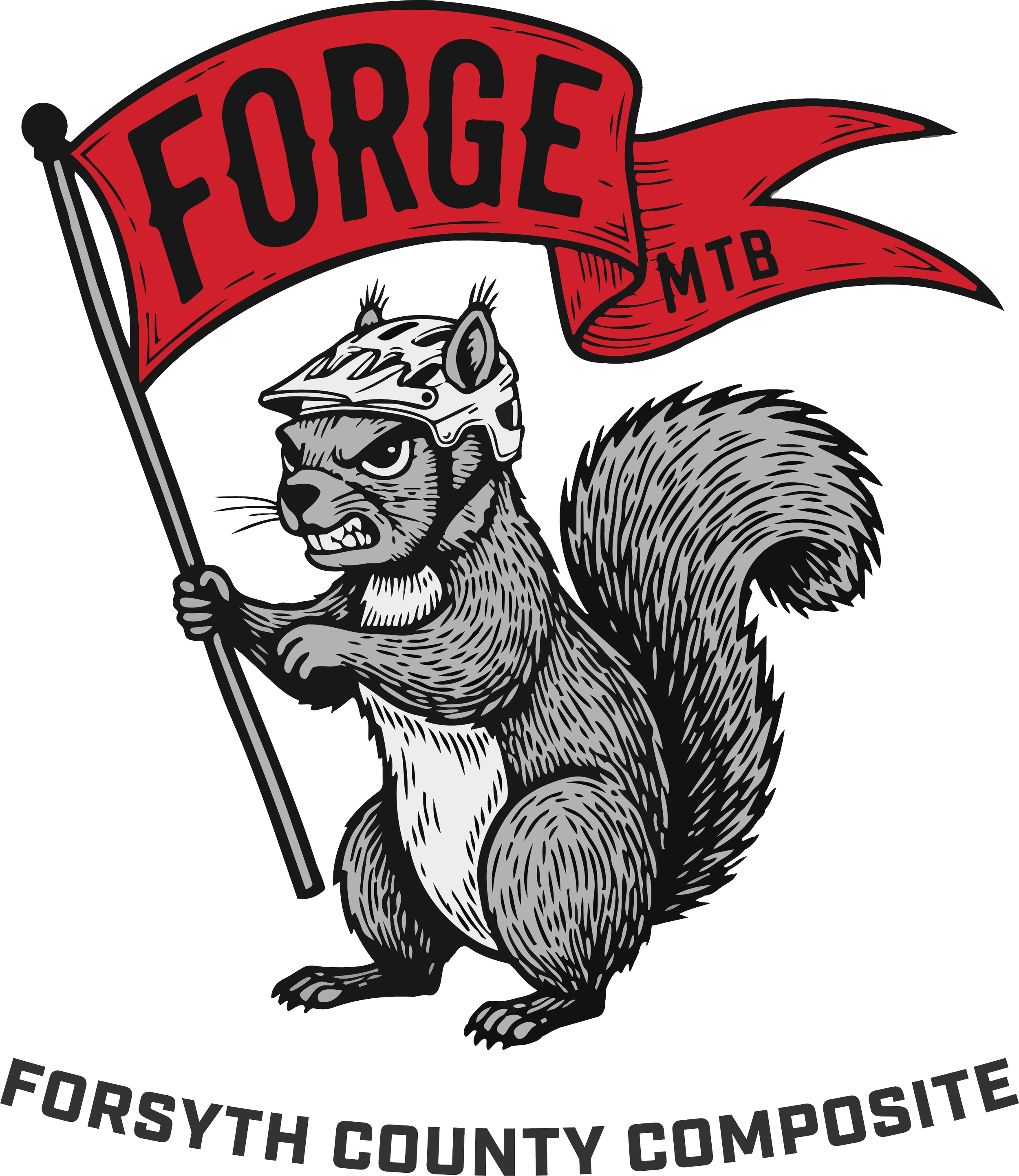 A stylized squirrel wearing a helmet and holding a flag with the words "Forge MTB" and a banner reading "Forsyth County Composite" at the bottom.