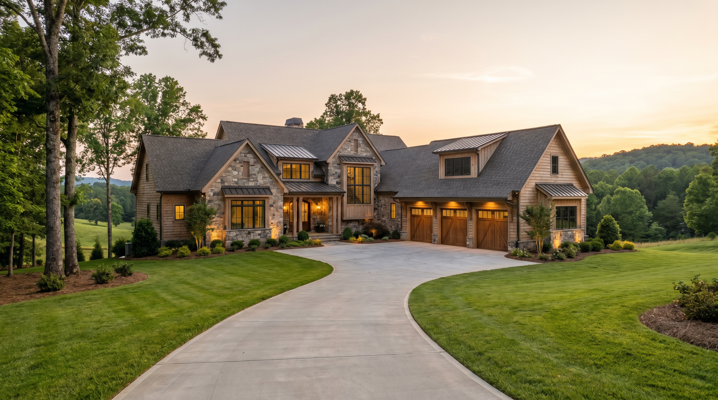 Rendering of a luxury American home with stone, cedar siding and metal roofing accents set in the Piedmont Triad area of North Carolina. Design and build in Winston-Salem and surrounding areas.