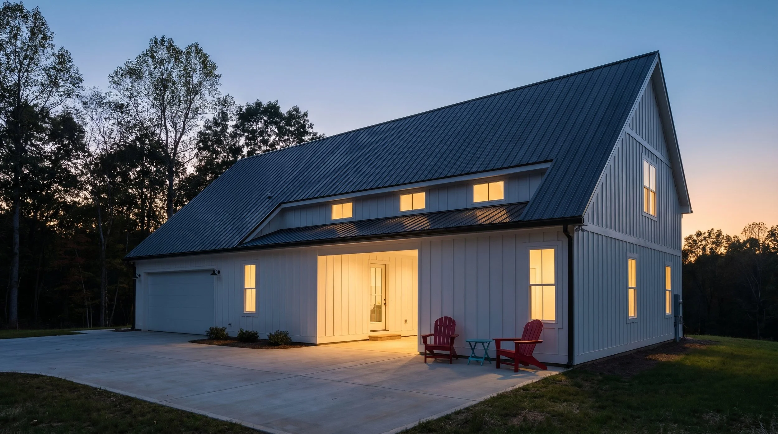 Rendering of a barn style home with white board and batten siding and a black metal roof.