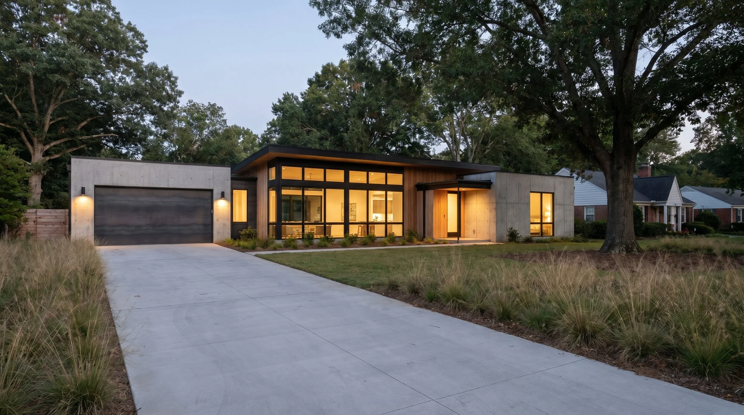 Modern house with large windows illuminated from inside, concrete and wood exterior, surrounded by trees and grass, with a concrete driveway at dusk.