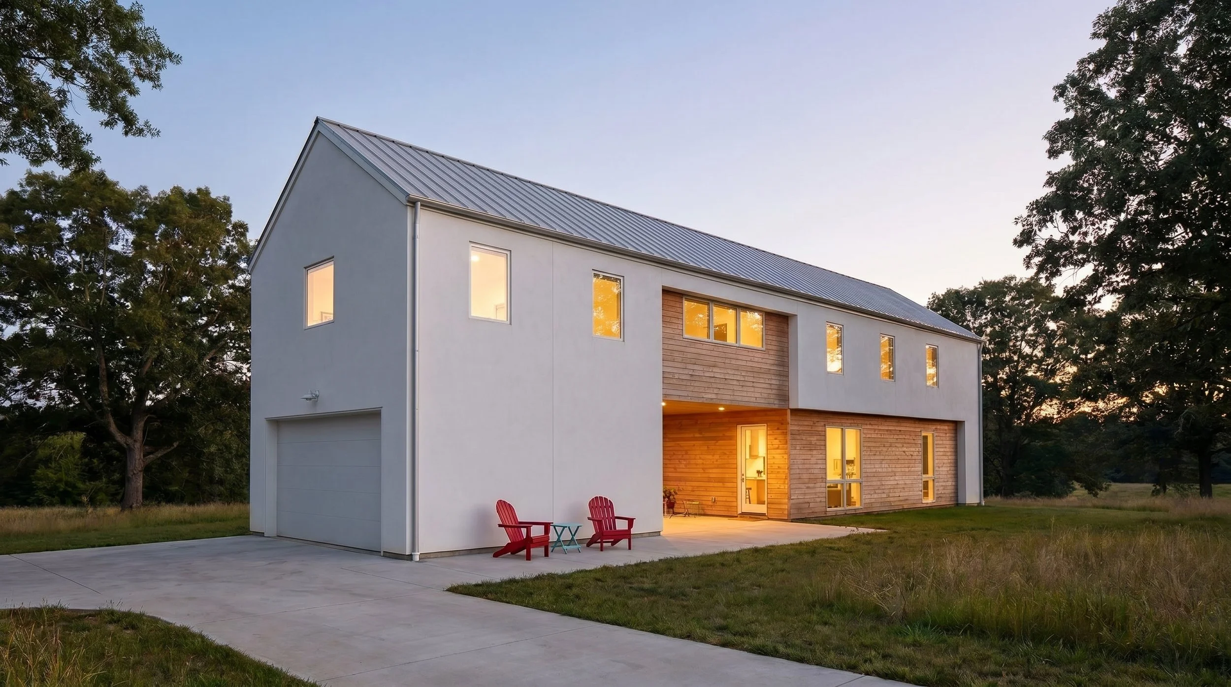 Rendering of a modern farmhouse with white stucco and natural pine siding set in the Piedmont Triad of North Carolina.