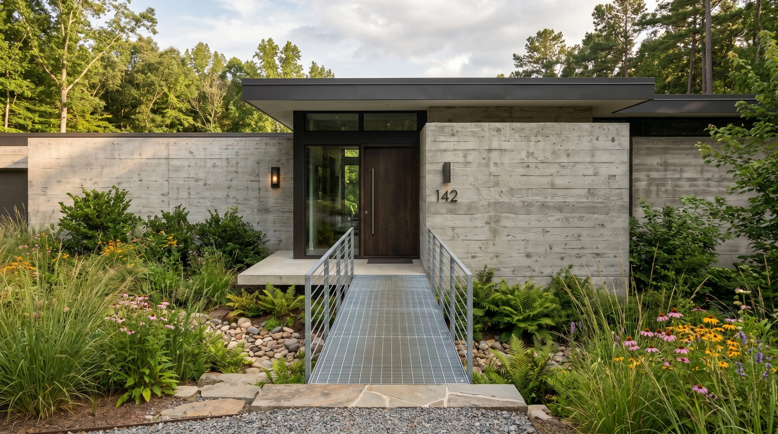 Rendering of an entryway to a modern home with board formed concrete and steel grate bridge set in Winston-Salem, Lewisville, North Carolina. 