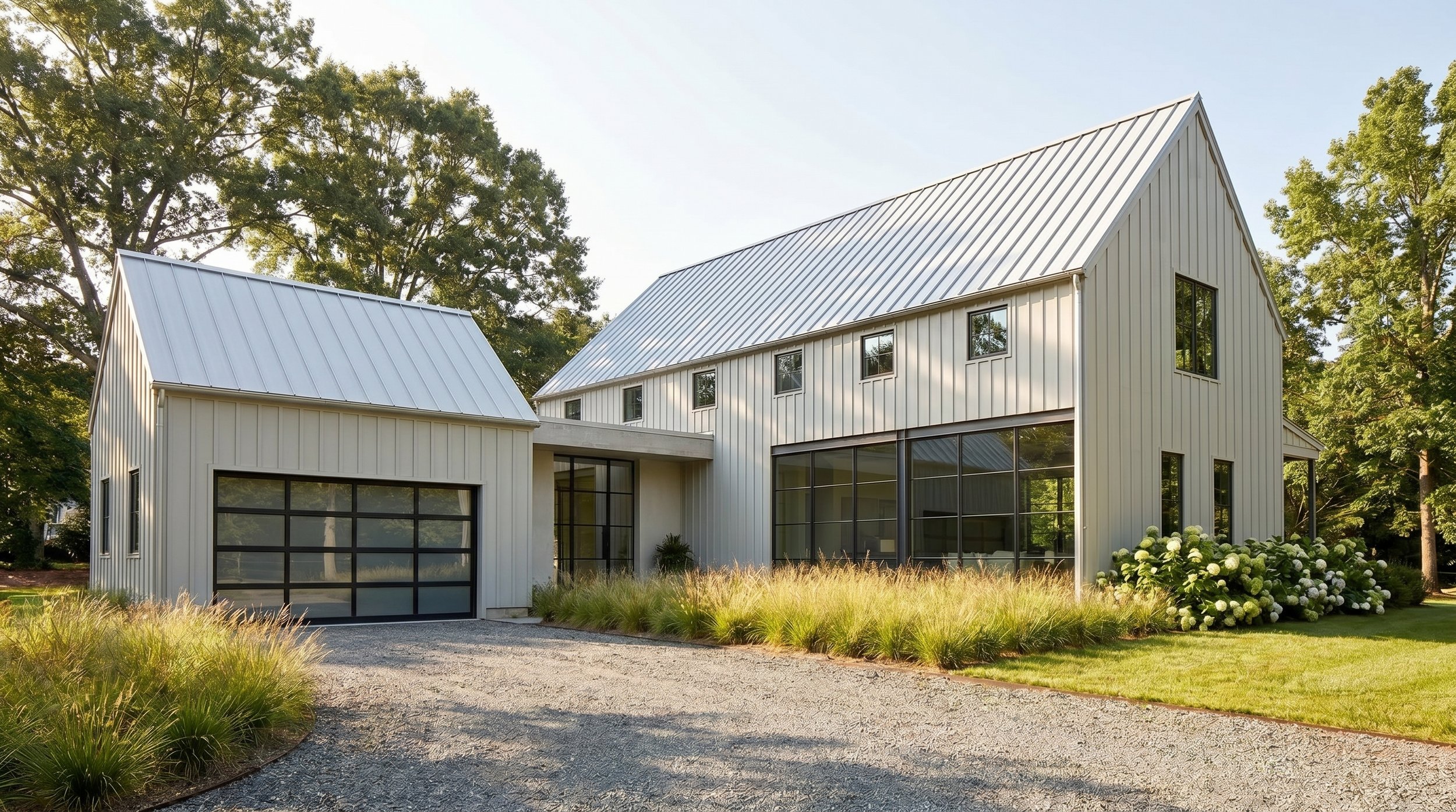 Rendering of a modern home with large windows, board and batten siding and metal roof.