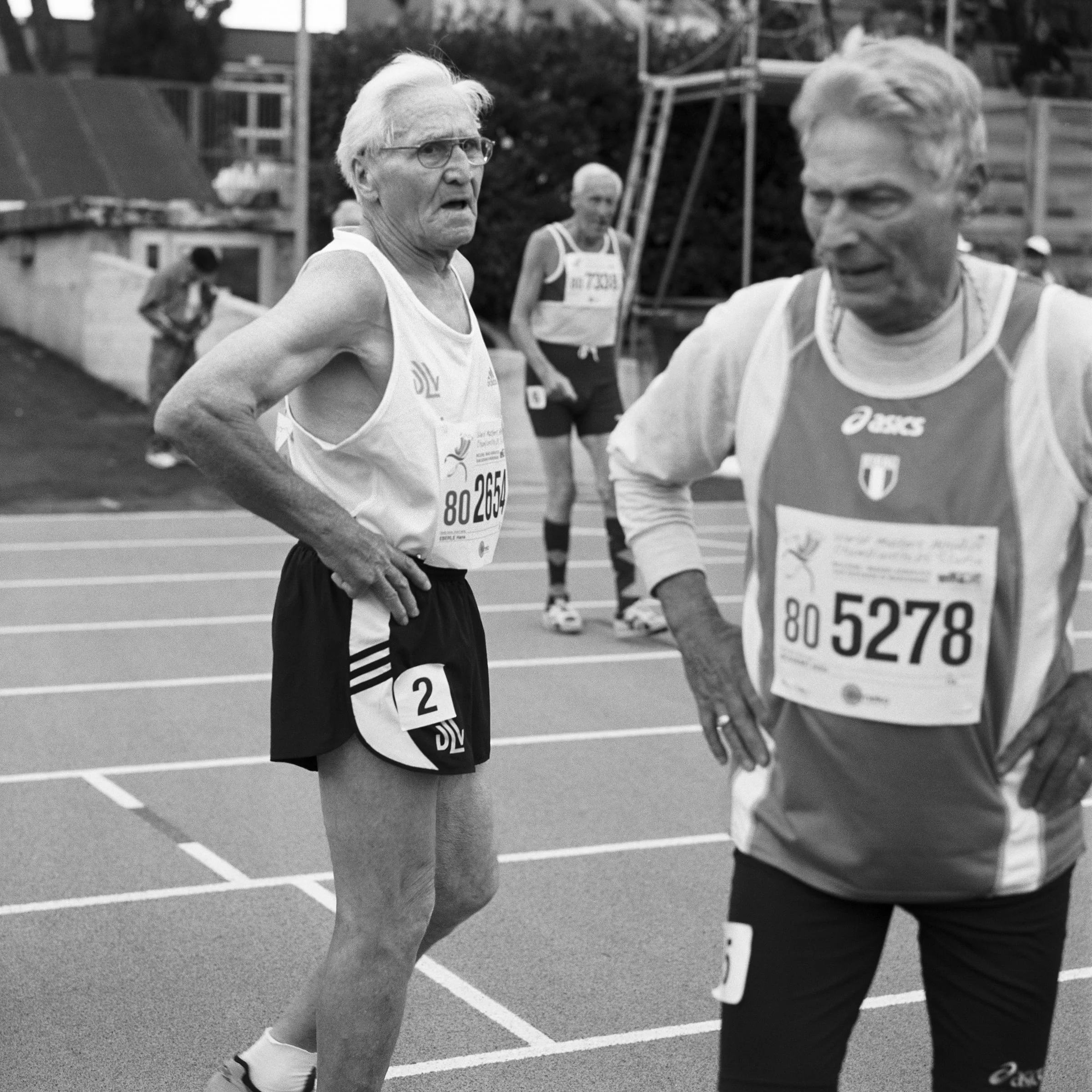100 meter finish line: Svein, Hans and Attilio, 80-84 division. World Masters. Riccione, Italy. 2007.