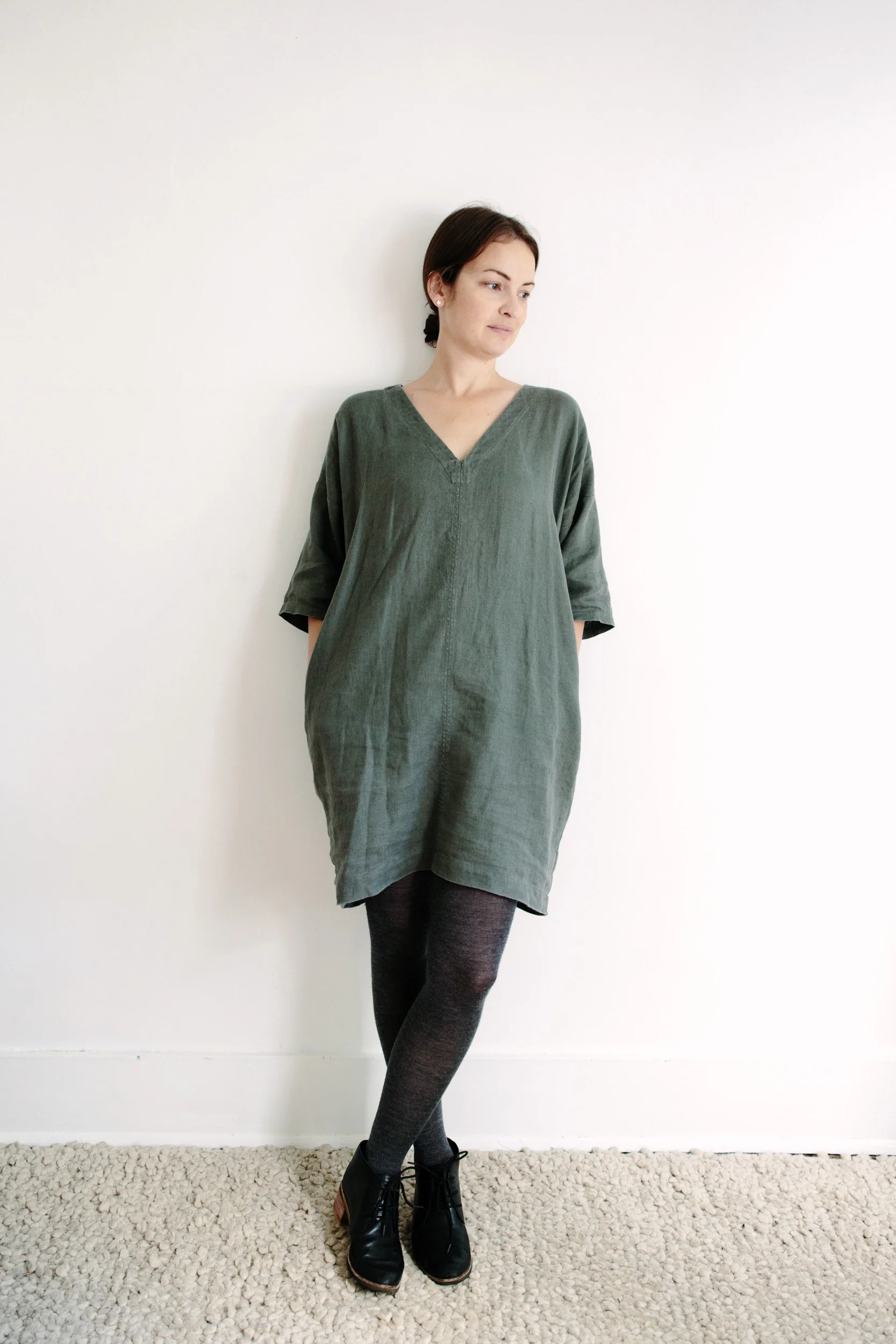 olive linen v neck dress || korinne vader