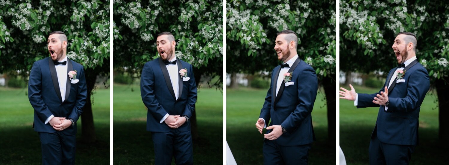 27_Excited groom during first look at Whitby Castle wedding in Rye NY.jpg