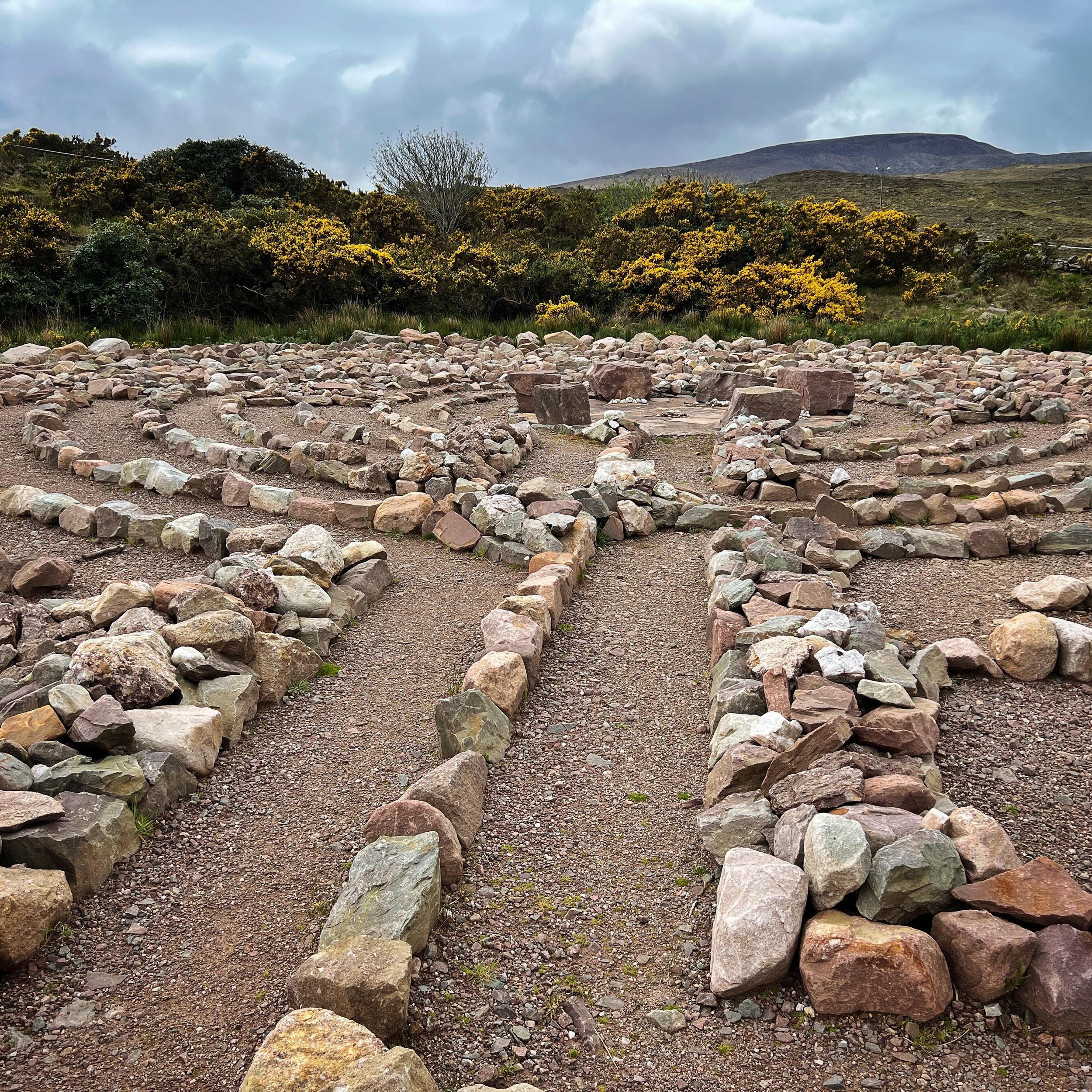 This is the labyrinth I was fortunate enough to walk today, World Labyrinth Day. It is in the town of Mulranny, Ireland and the stones from the surrounding land make it feel full of energy, as does the natural stream running right beside it. Grateful