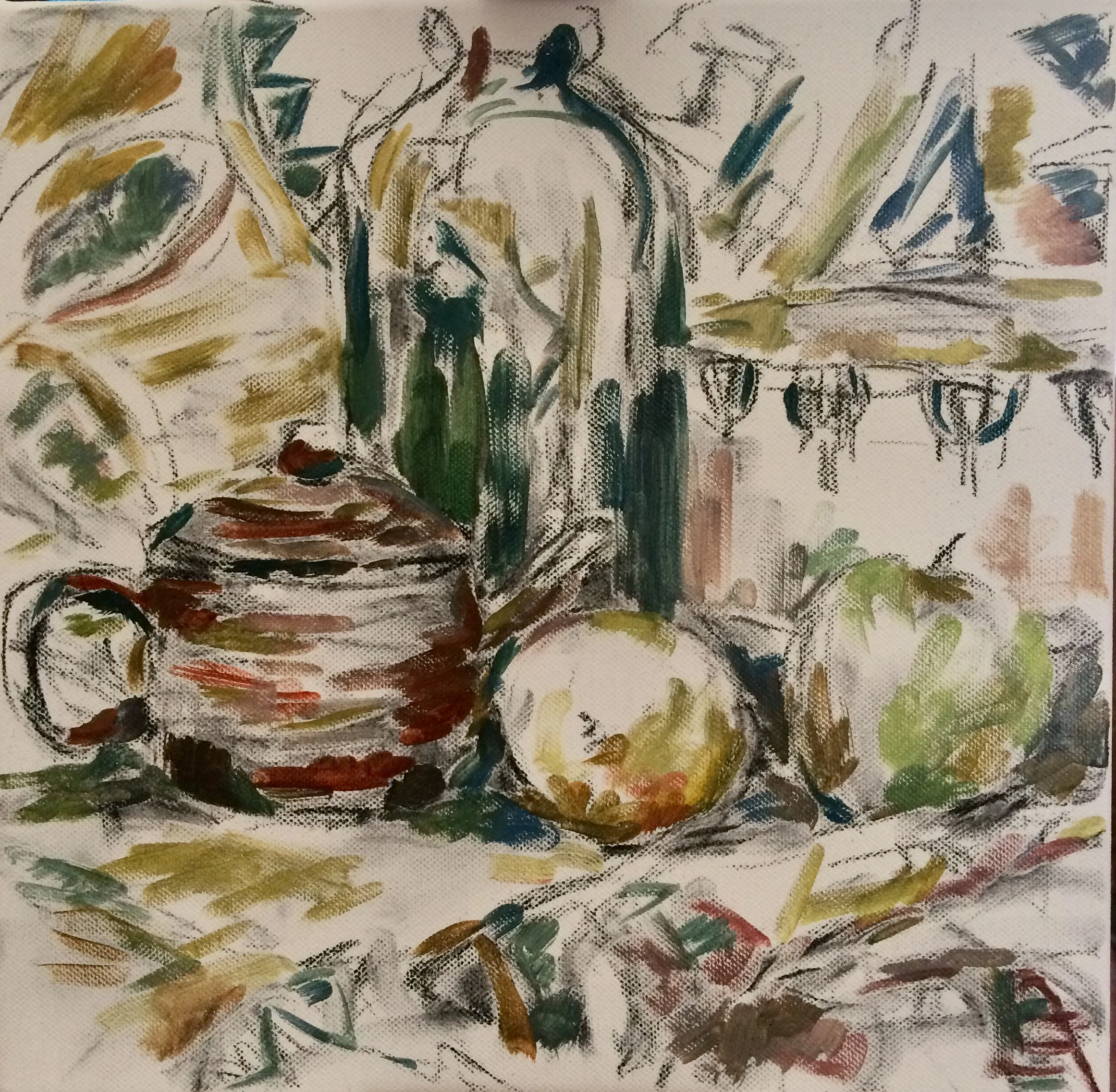 Still life of tea pot and apples