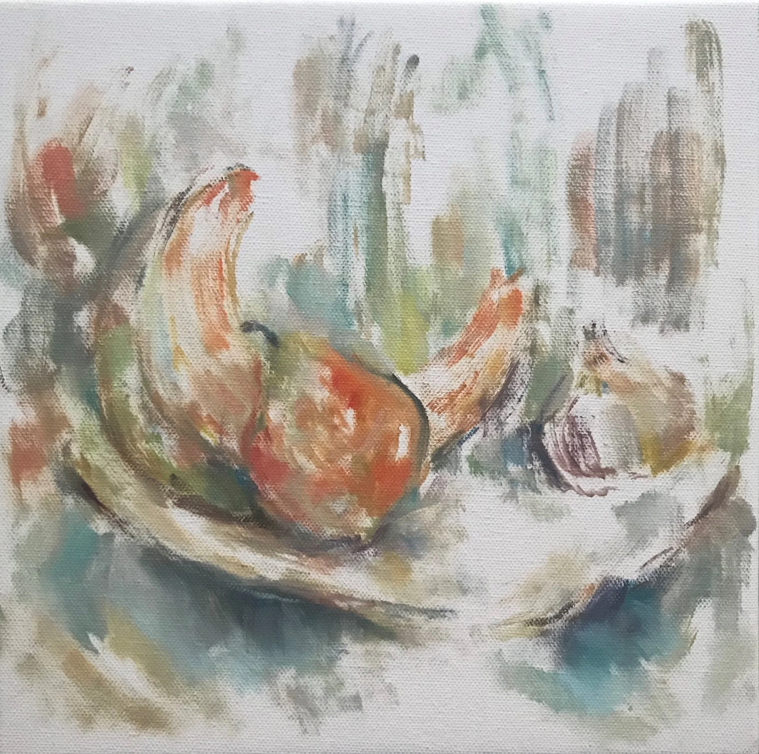 Still life with pear, squash, and garlic