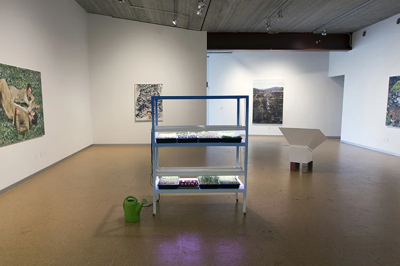 Installation of grow-station and paintings in "Catalpa, Burdock, Clover, Worm" at the Levitt Gallery, Iowa City, IA, 2016. 