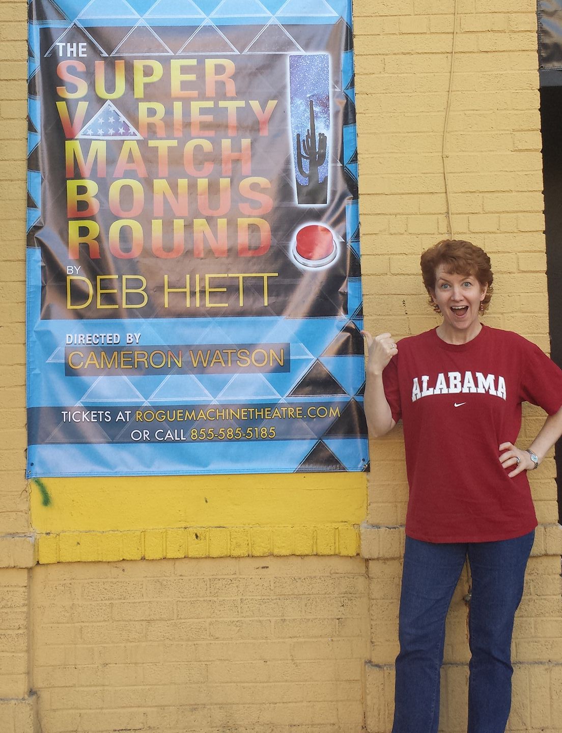 The Alabama shirt is unrelated to the show -- we were playing LSU that day, and even though I was at the theater for tech, I have to wear my good luck game-day attire....