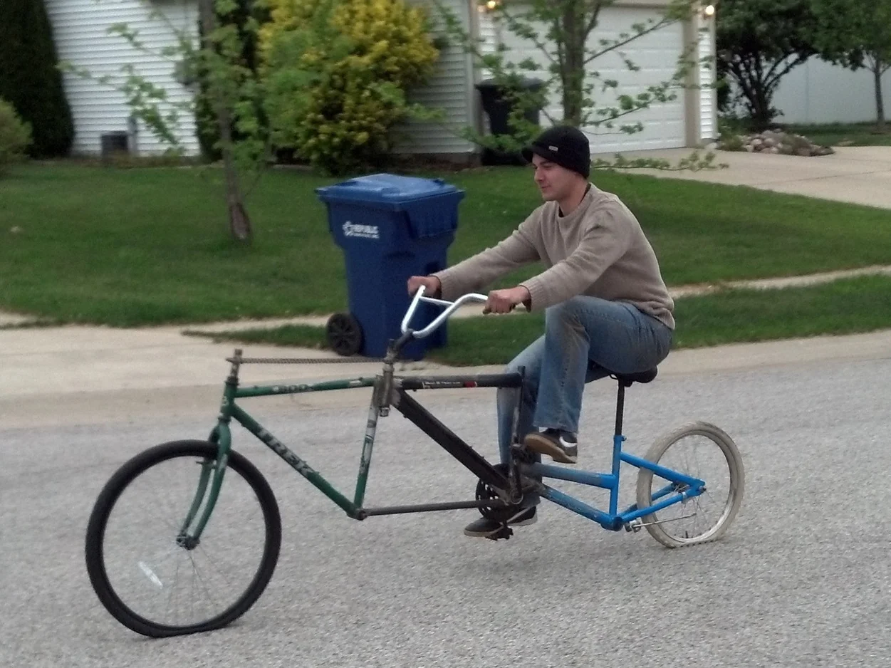 Third welding project: two mountain bike frames and one child’s bike frame. Features chain steering via welded cog.