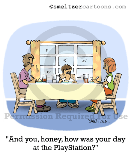Dinner and Video Game Cartoon - 