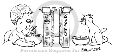Reading Box While Eating Cartoon - Boy eating cereal and reading cereal box  as cat eating cat food is reading cat food box. | Smeltzer Cartoons |  Cartoons for Presentations and Newsletters |