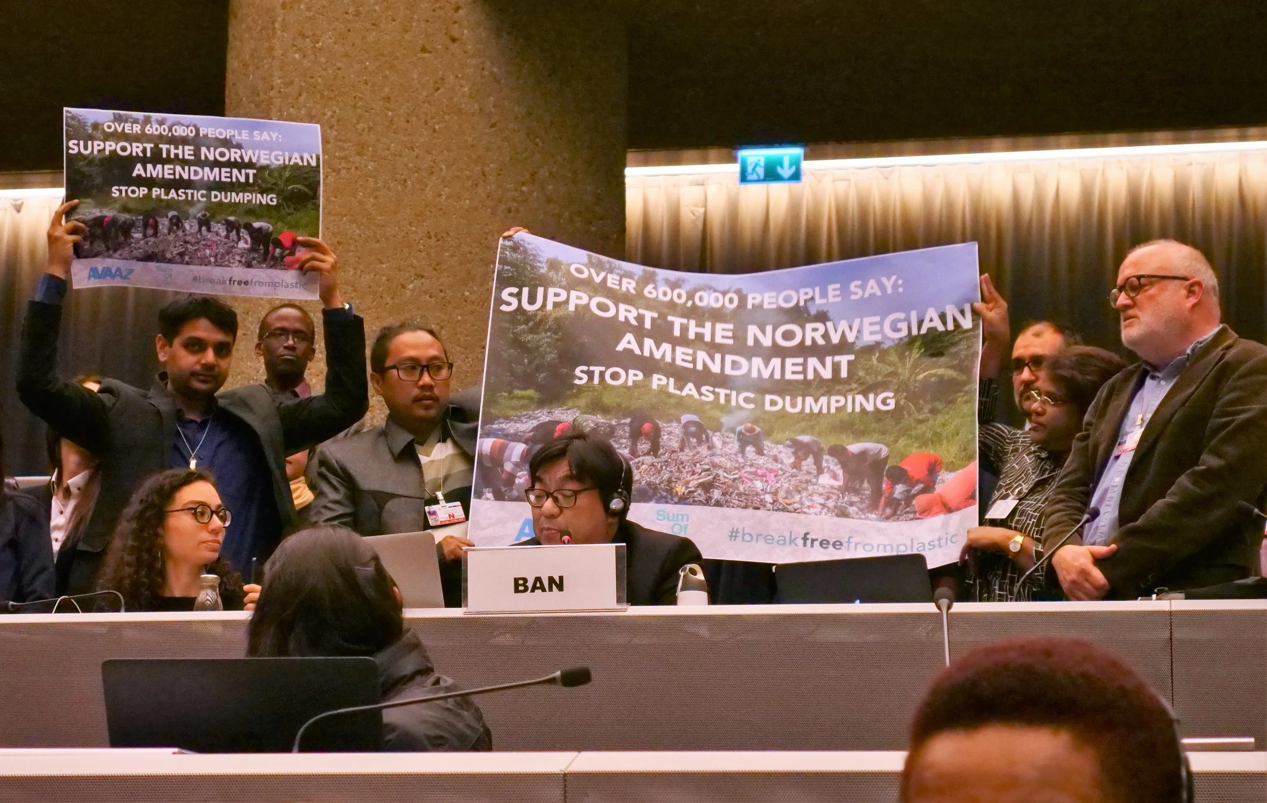 BAN delegation with Break Free From Plastics movement spokesperson Von Hernandez announcing a global petition for adoption of the Norwegian Proposal in the plenary of the 14th Conference of Parties to the Basel Convention. The petition achieved over one and a half million signatures from around the world. Copyright BAN 2019.