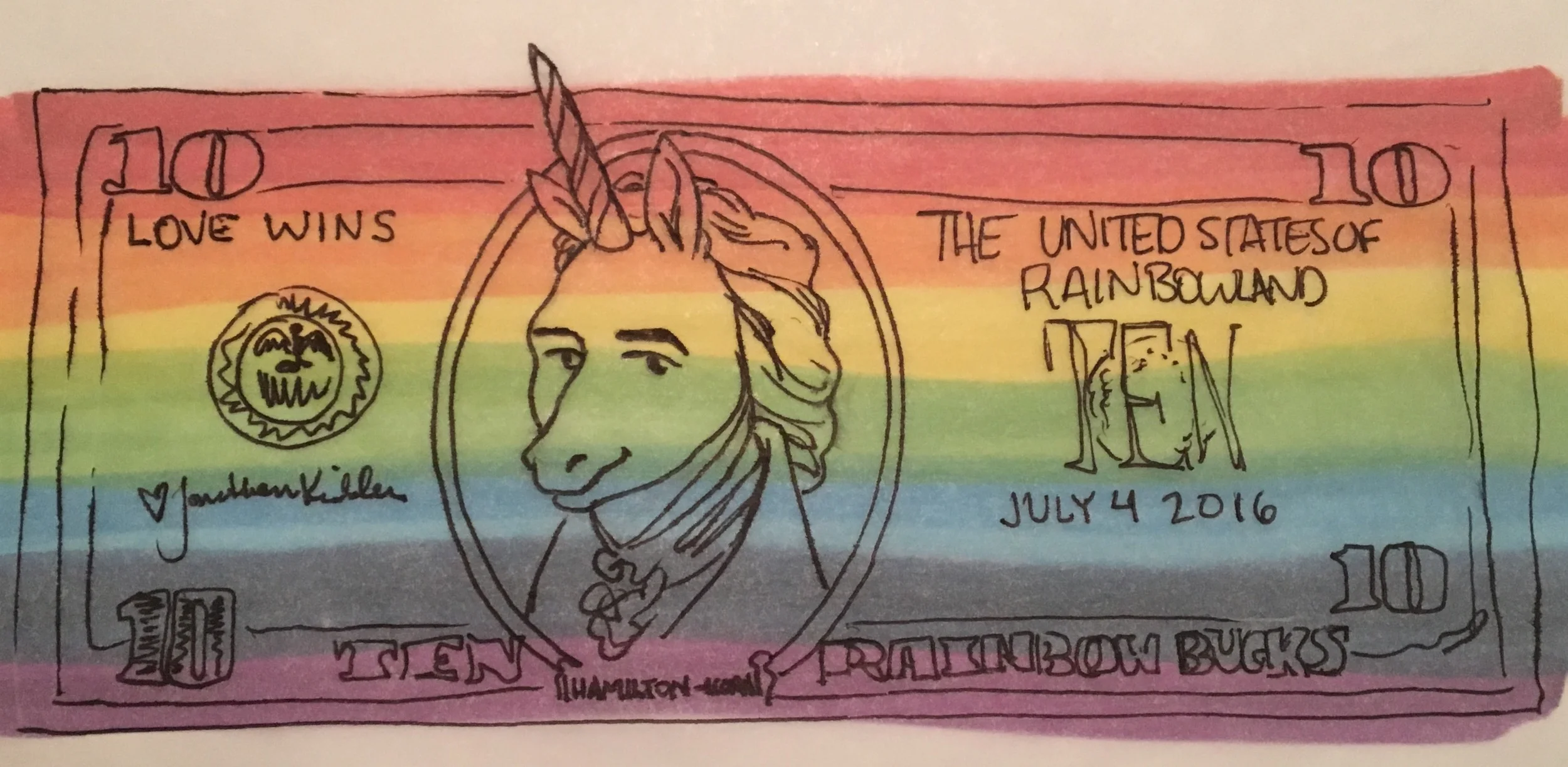 Alexander Hamilton as you will see him when you ask me for 10 Rainbow-Bucks and I draw it on some tracing paper.