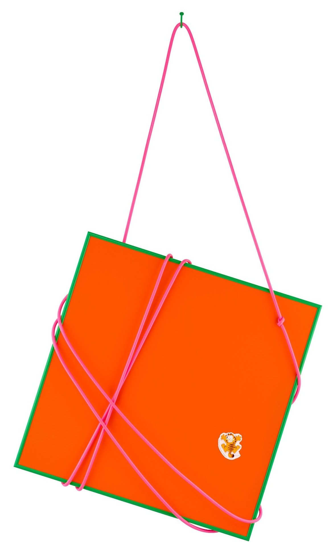 Cat's Craddle , 2025, Silicone Hose, Vintage Sticker, Acrylic Sheeting and Aluminum Frame, 52 × 32 inches overall.